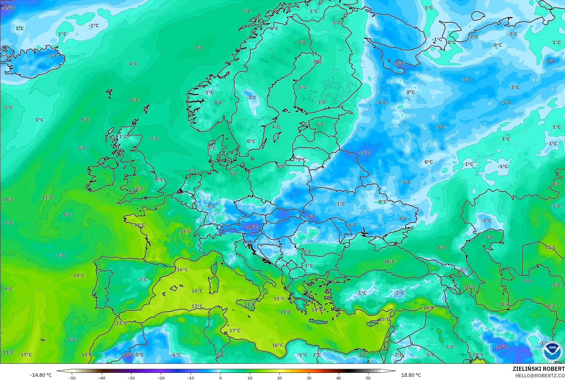GFS model - Avrupa, 2 m Çiy Noktası