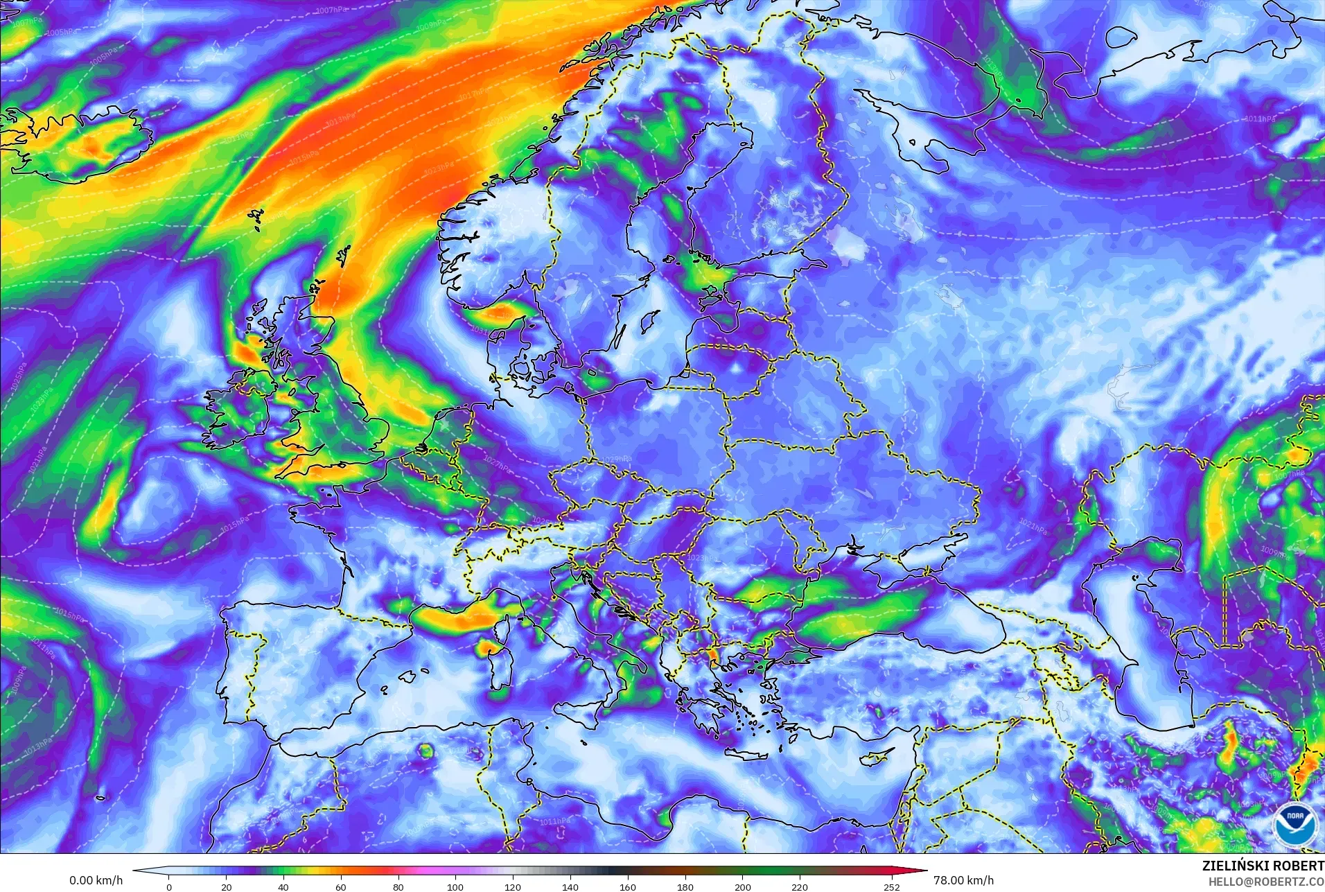 GFS model - Avrupa, En Yüksek Rüzgâr