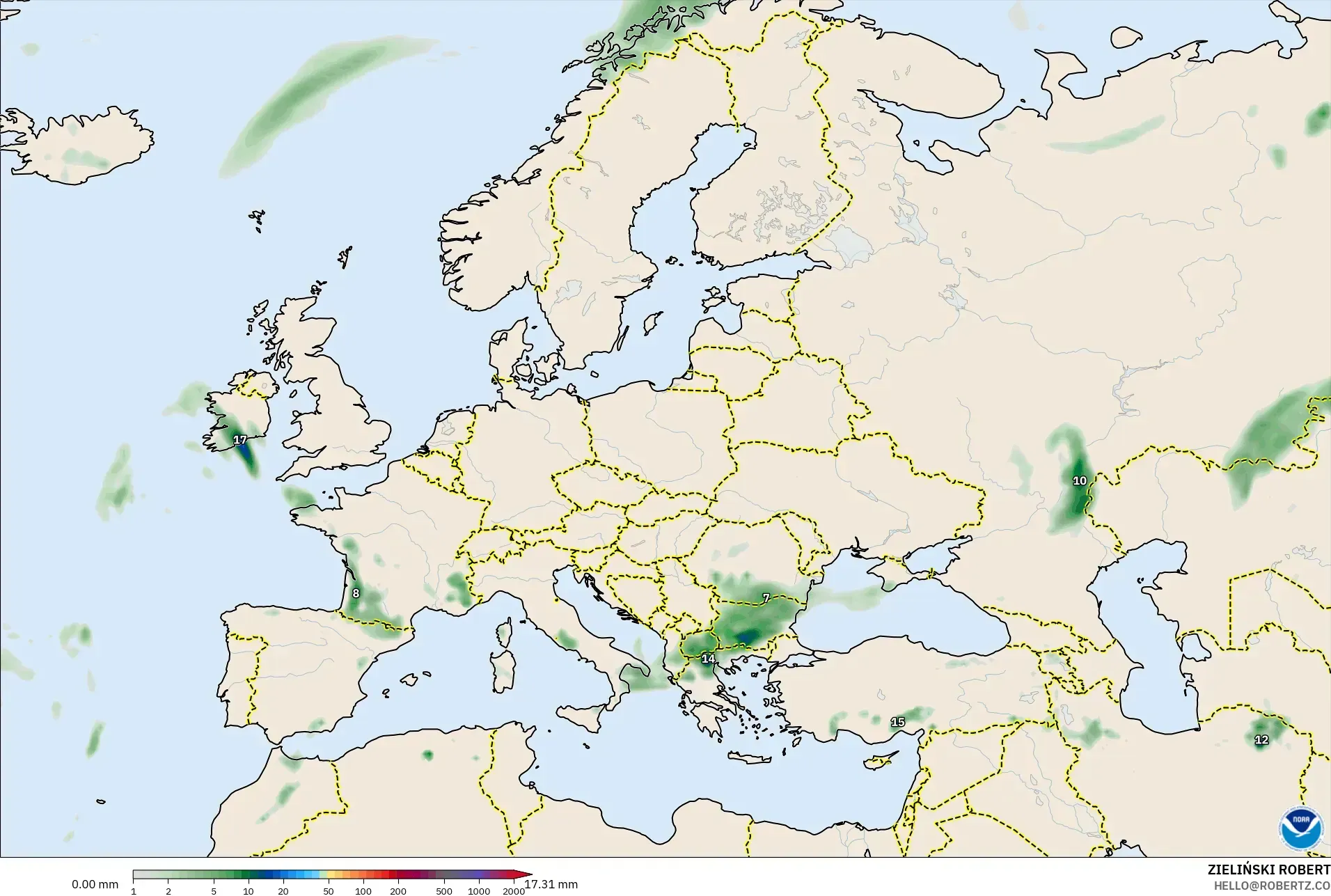 GFS model - Avrupa, Yağış Birikimi