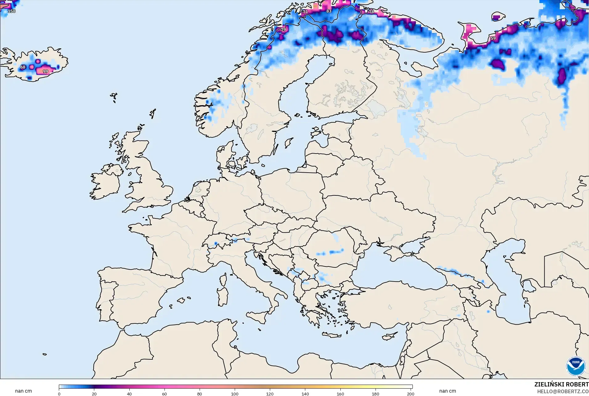 GFS model - Avrupa, Kar Kalınlığı