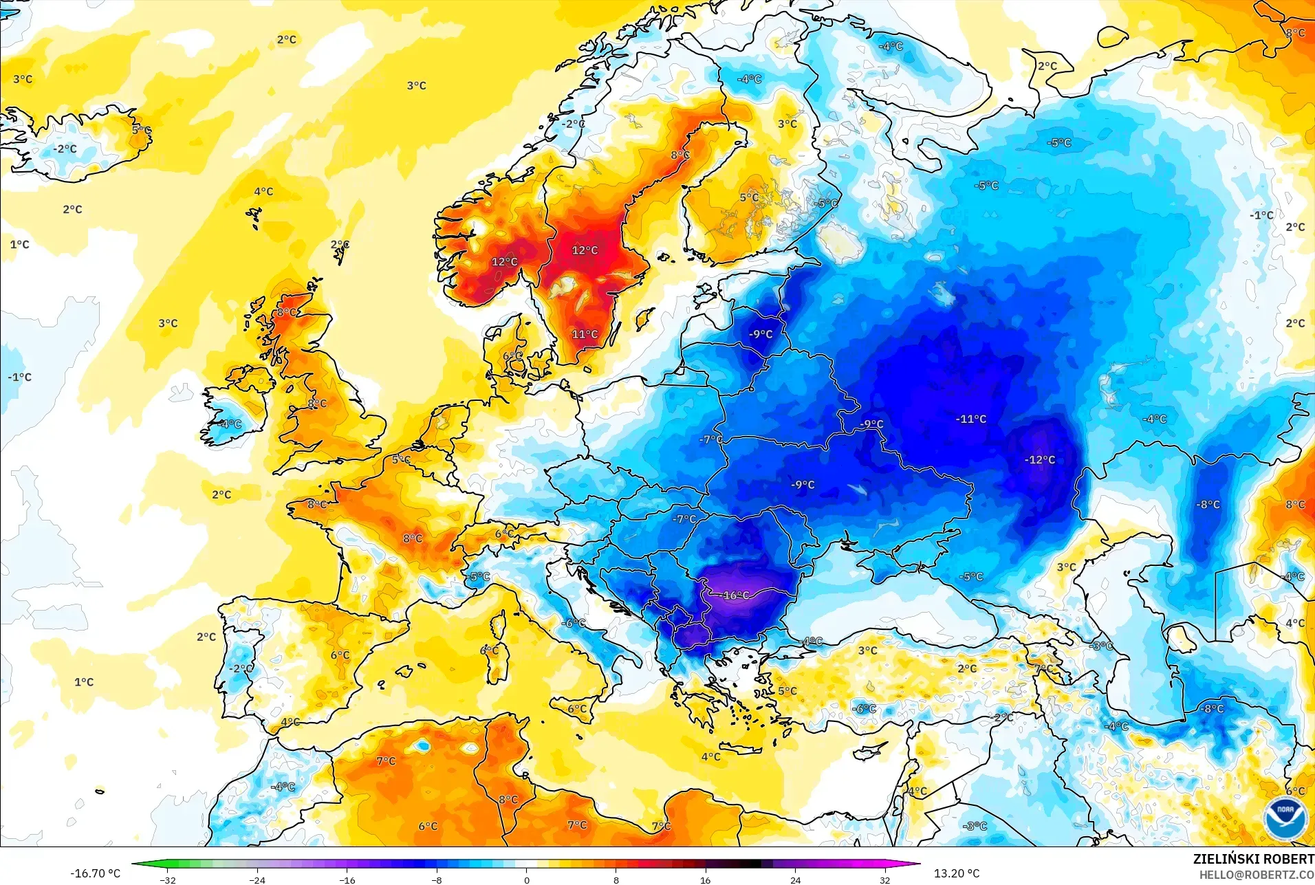 GFS model - Avrupa, 2 m Sıcaklık Anomalisi