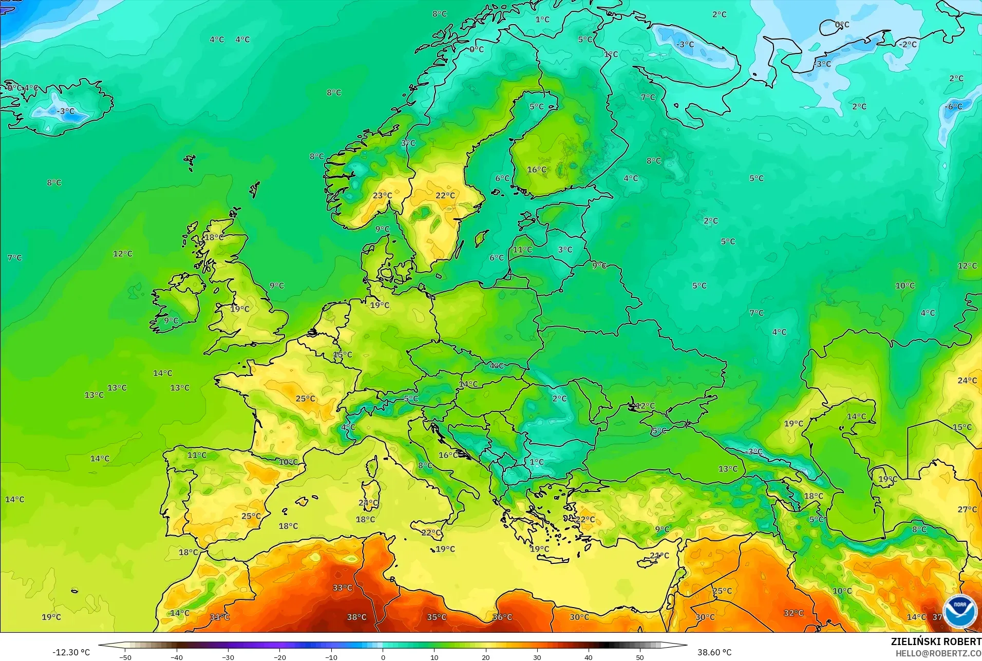 GFS model - Avrupa, 2 m Sıcaklık