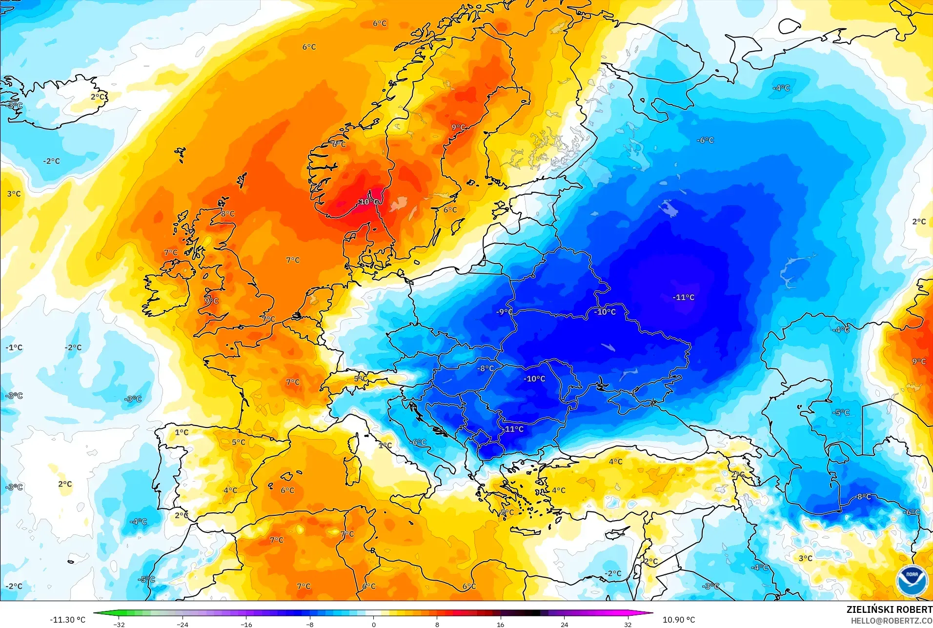 GFS model - Avrupa, 850 hPa Sıcaklık Anomalisi
