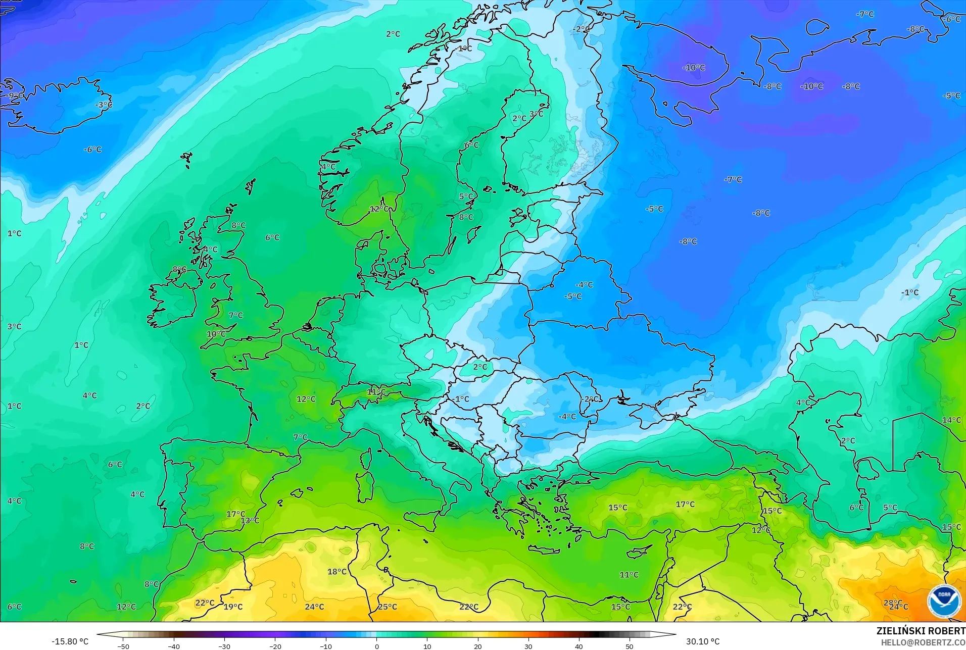GFS model - Avrupa, 850 hPa Sıcaklık