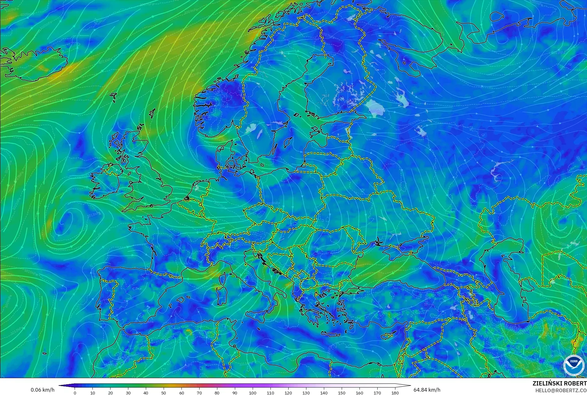 GFS model - Avrupa, 10 m Rüzgâr