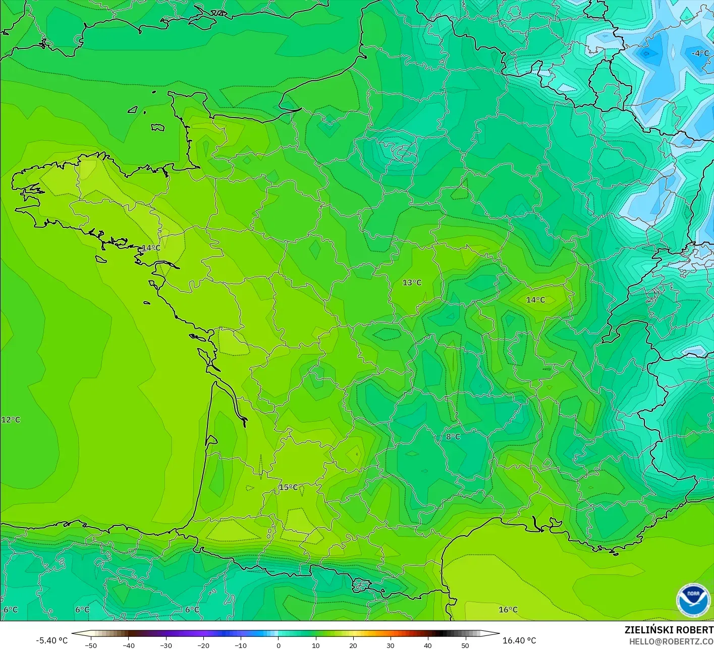 GFS model - Fransa, 2 m Çiy Noktası