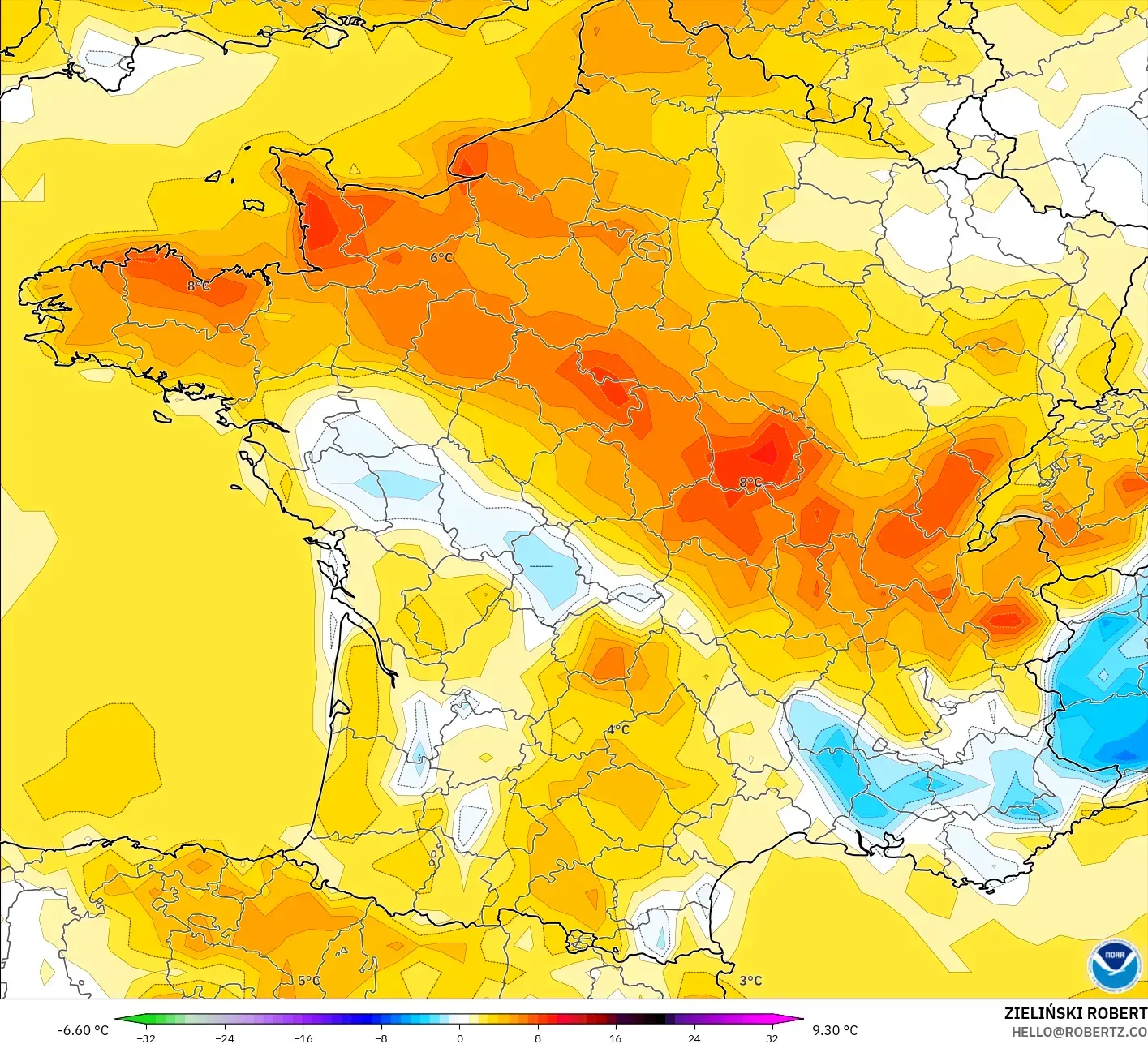 GFS model - Fransa, 2 m Sıcaklık Anomalisi