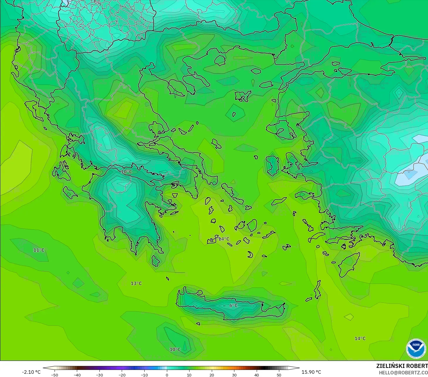 GFS model - Yunanistan, 2 m Çiy Noktası