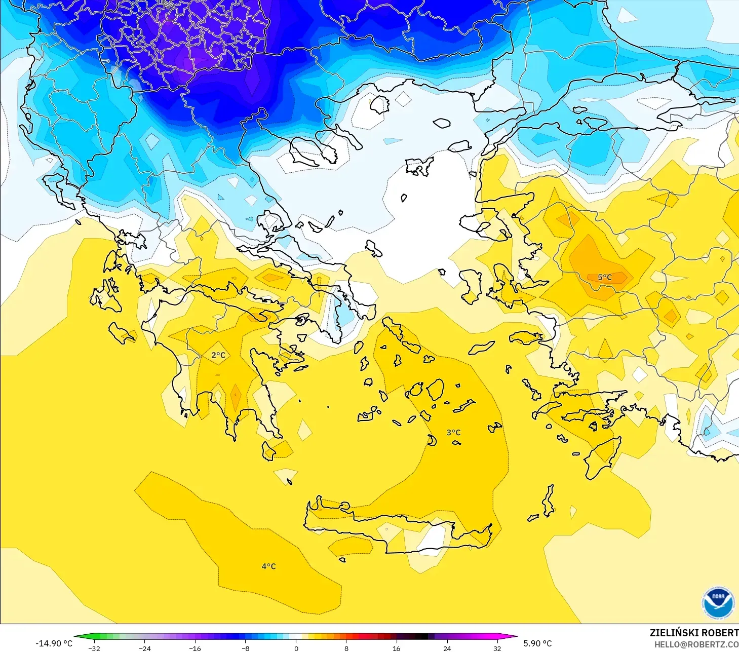 GFS model - Yunanistan, 2 m Sıcaklık Anomalisi