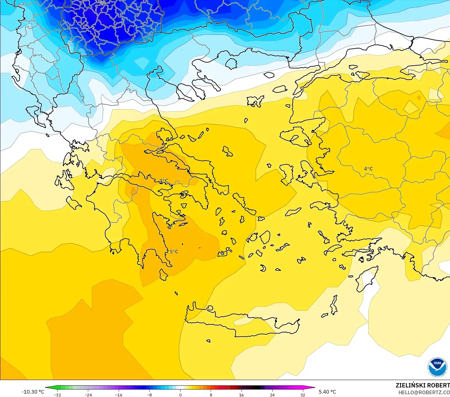 GFS model - Yunanistan, 850 hPa Sıcaklık Anomalisi