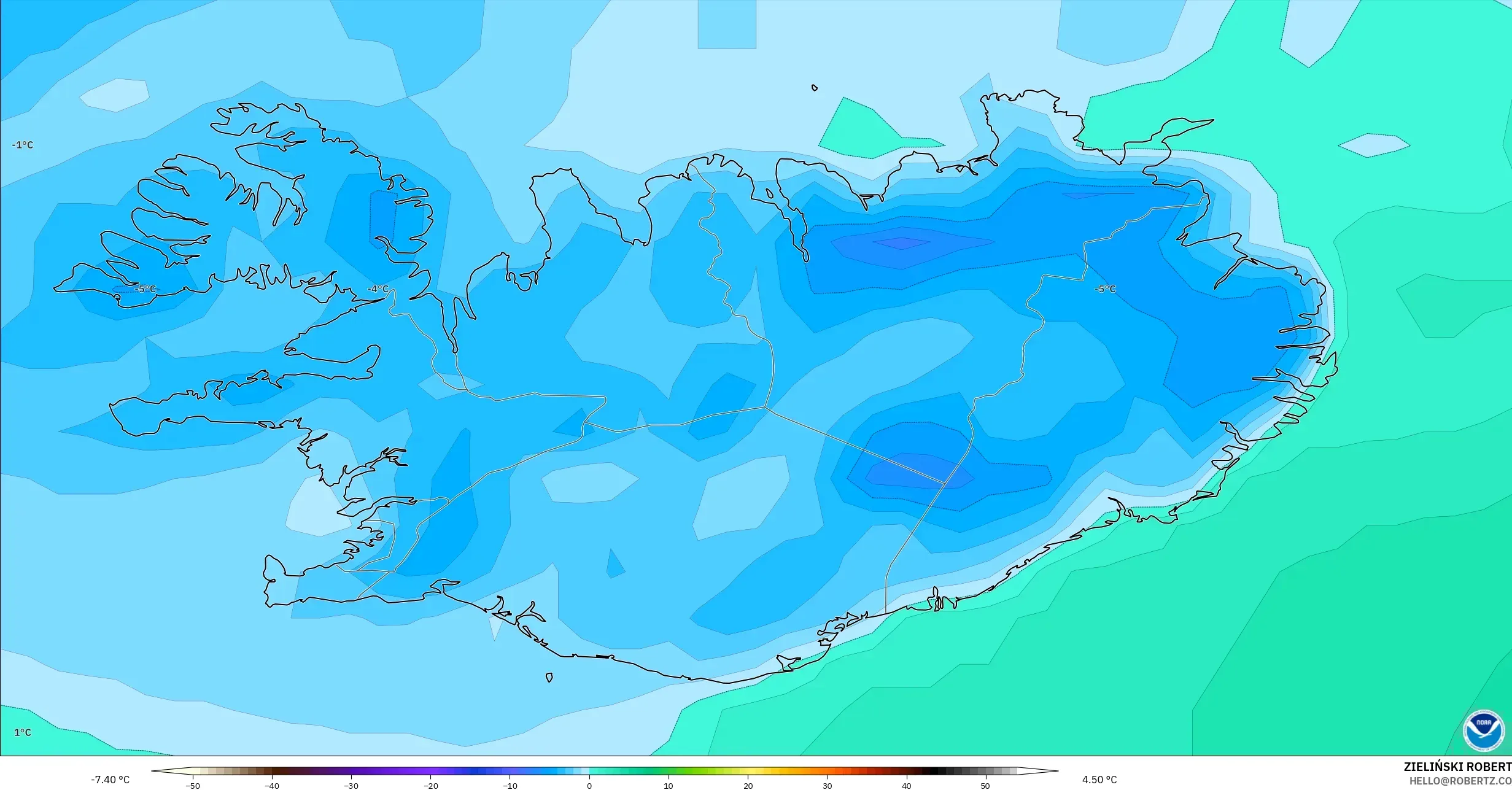 GFS model - İzlanda, 2 m Çiy Noktası