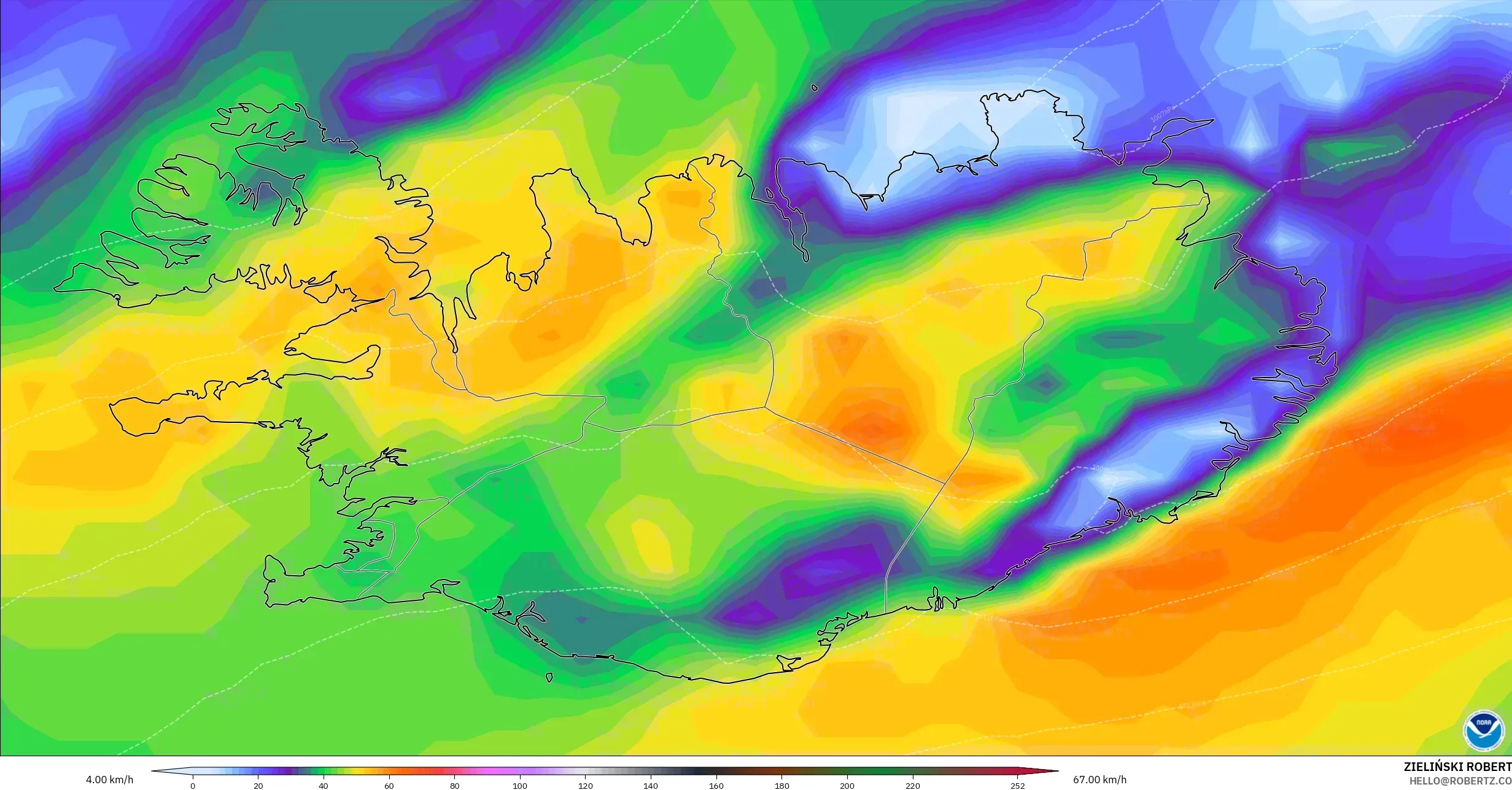 GFS model - İzlanda, En Yüksek Rüzgâr