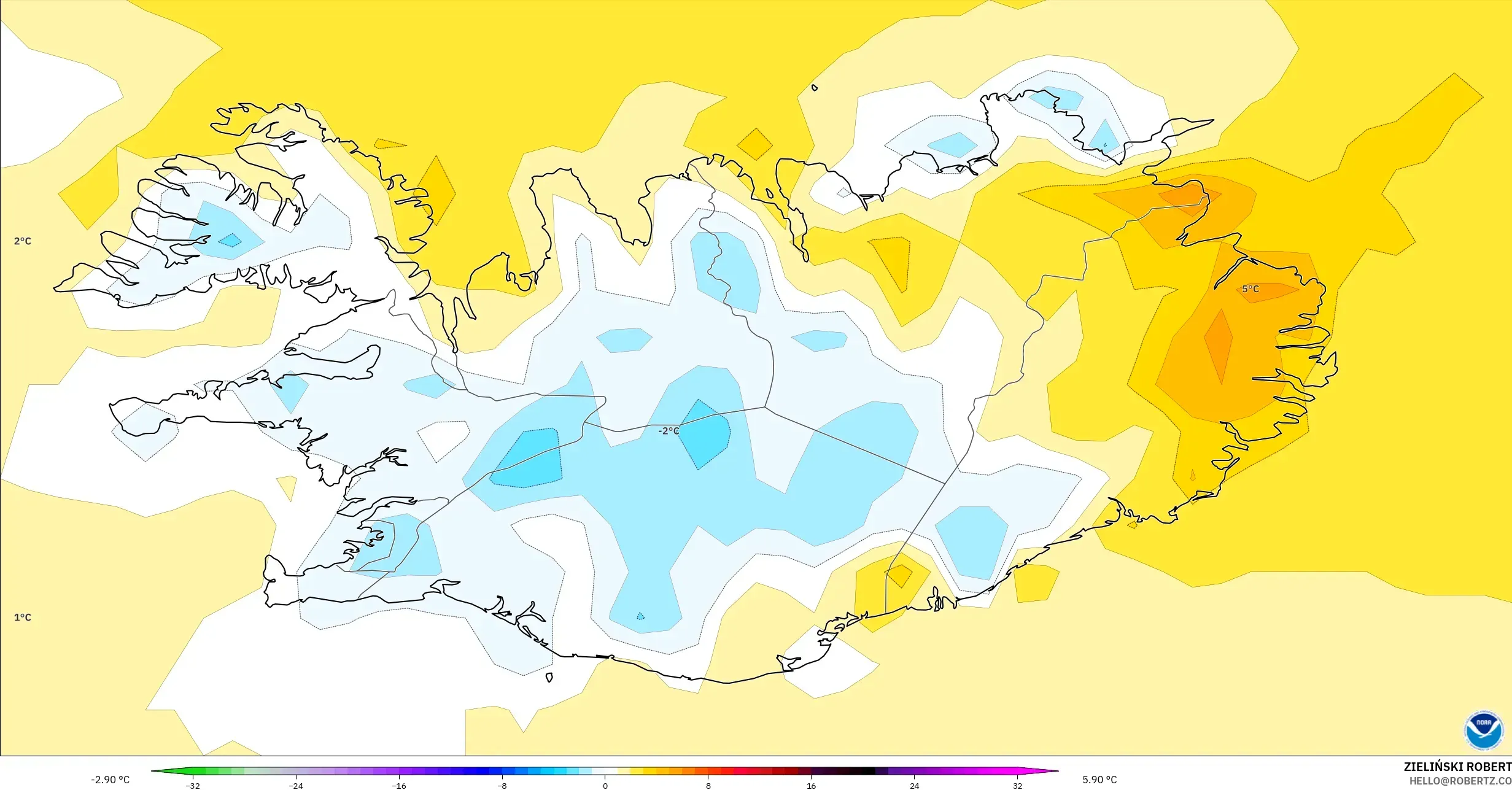 GFS model - İzlanda, 2 m Sıcaklık Anomalisi