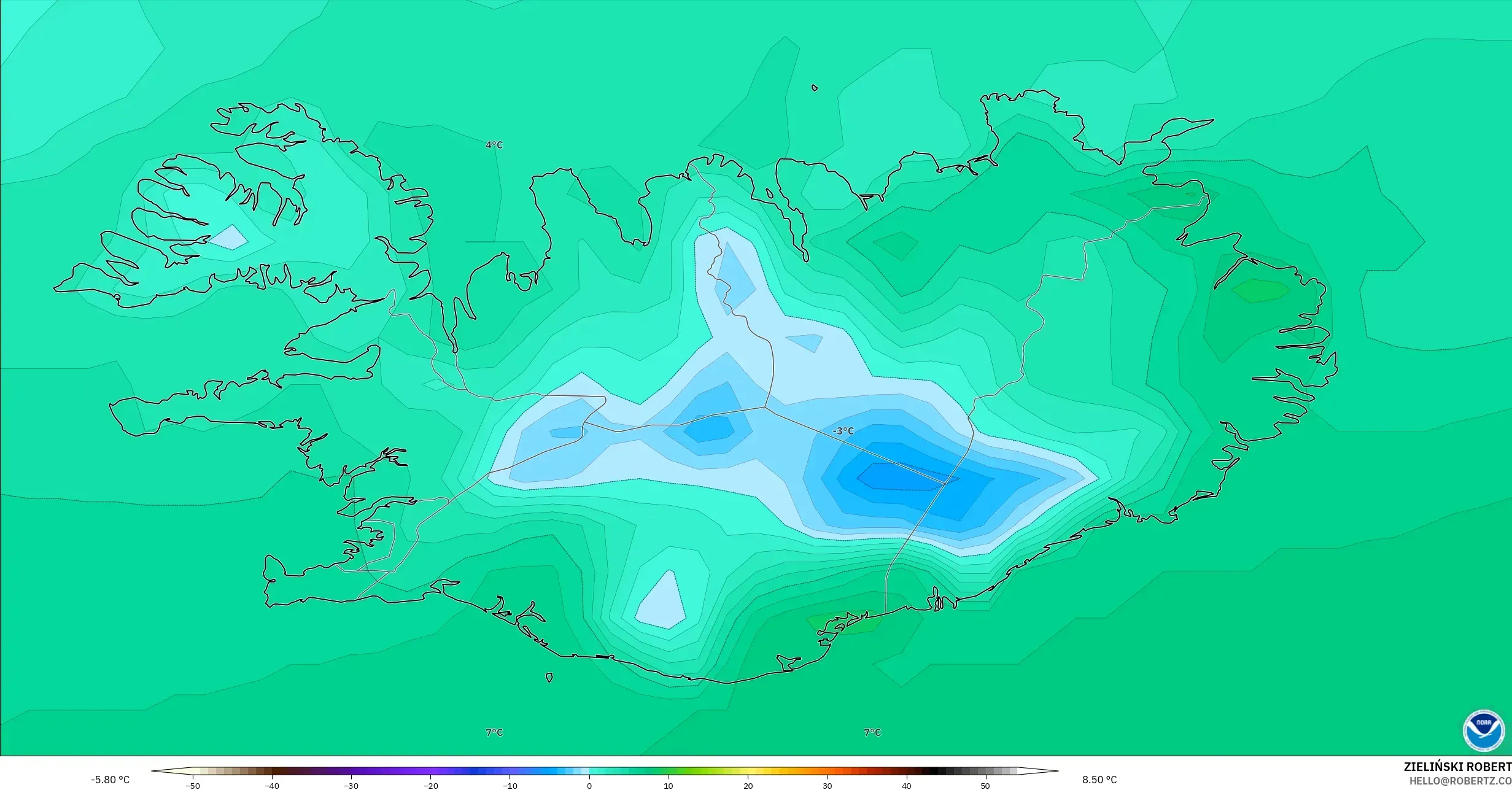 GFS model - İzlanda, 2 m Sıcaklık