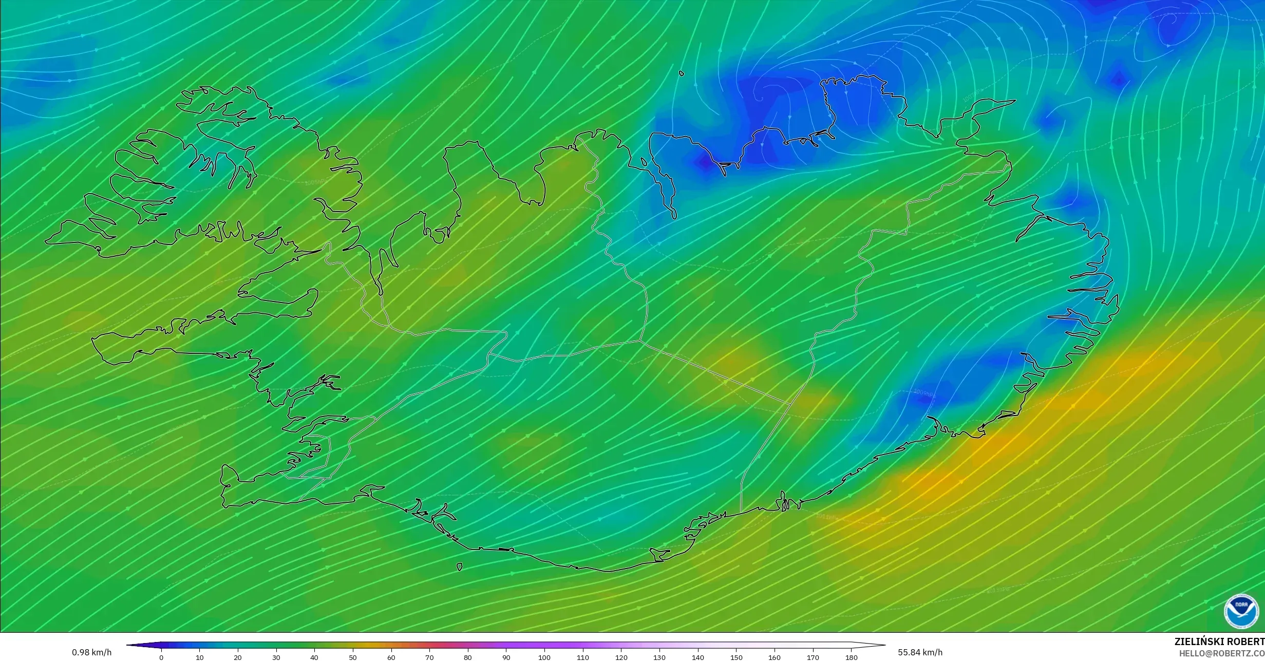 GFS model - İzlanda, 10 m Rüzgâr