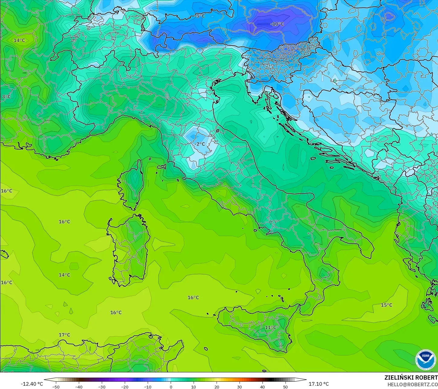 GFS model - İtalya, 2 m Çiy Noktası