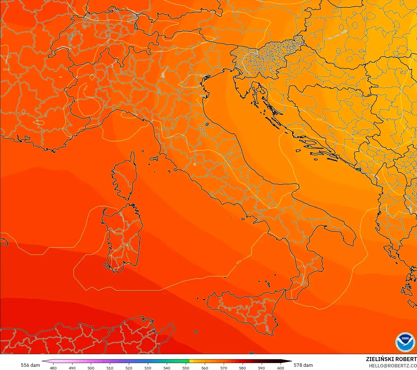 GFS model - İtalya, 500 hPa’da jeopotansiyel yükseklik
