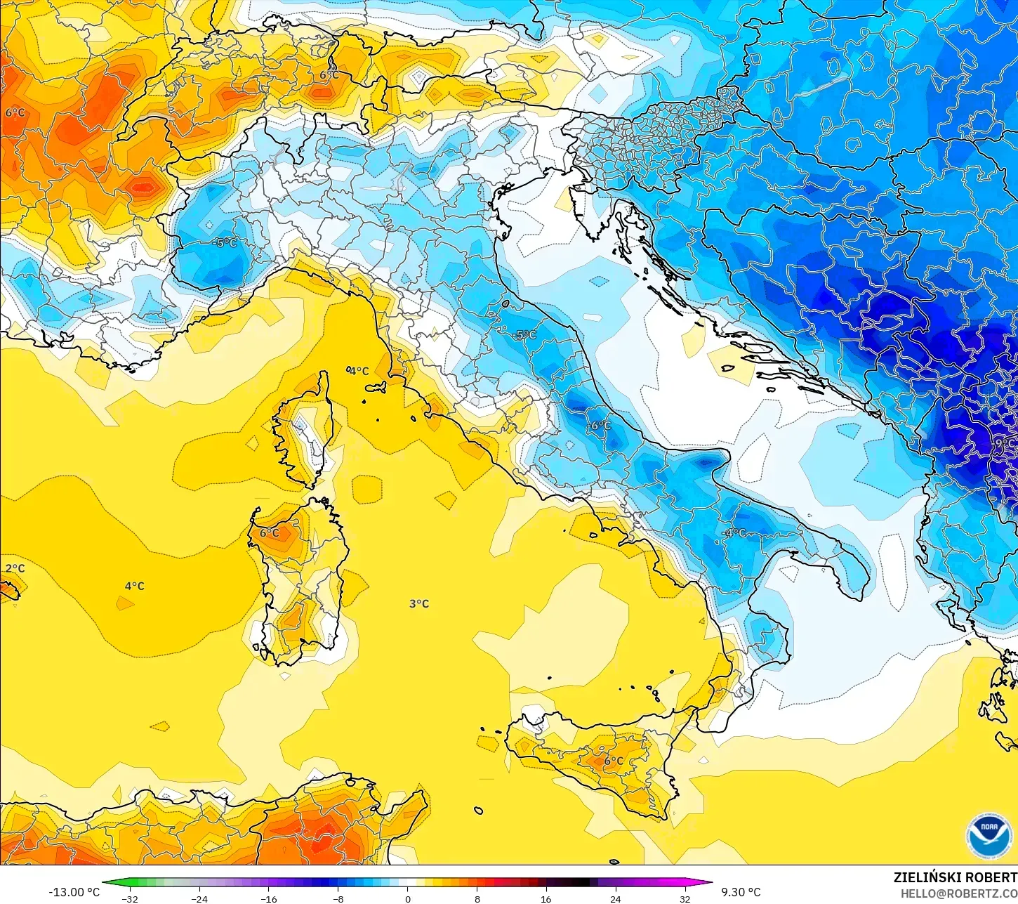 GFS model - İtalya, 2 m Sıcaklık Anomalisi