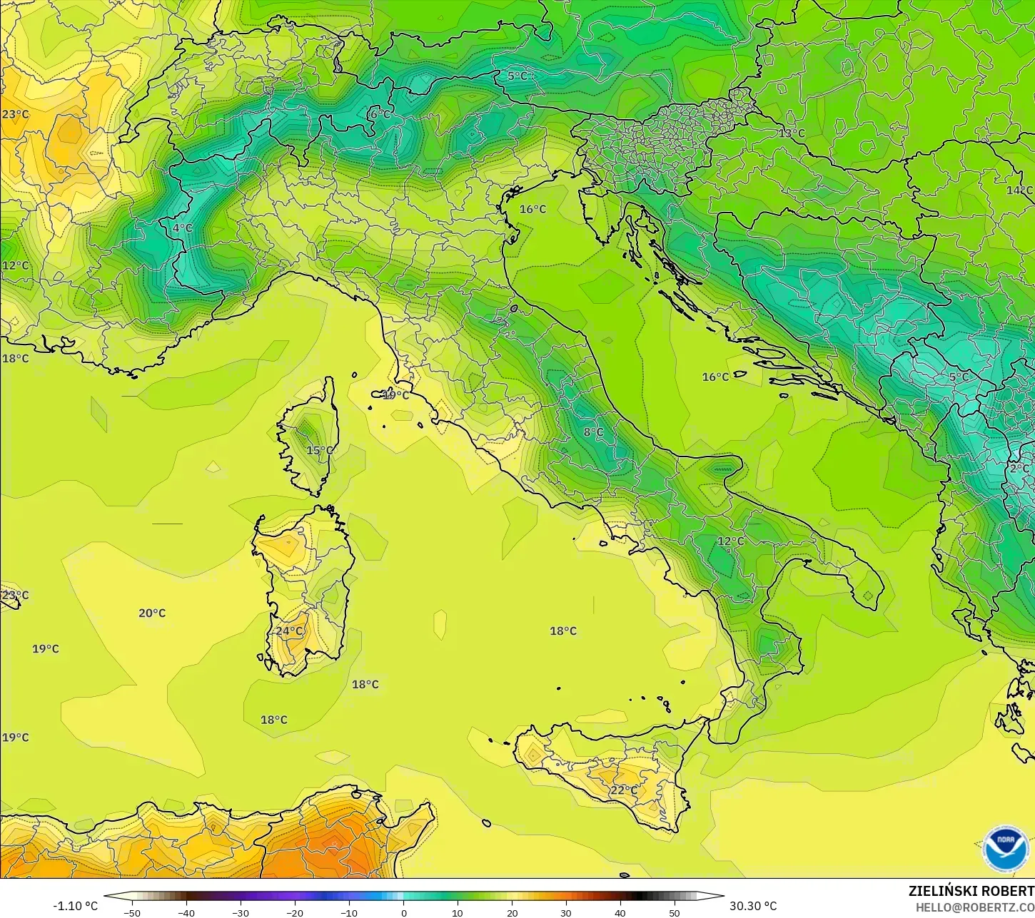 GFS model - İtalya, 2 m Sıcaklık