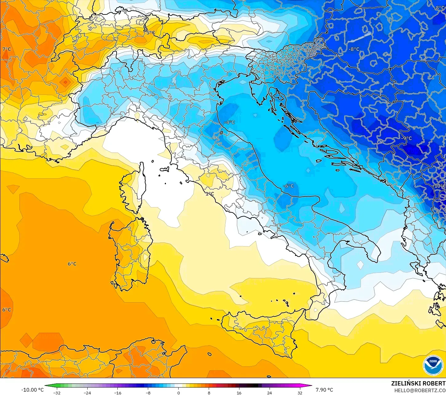 GFS model - İtalya, 850 hPa Sıcaklık Anomalisi