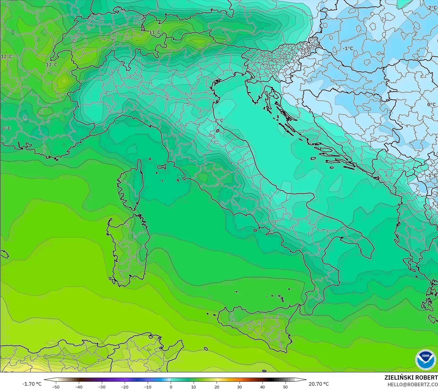 GFS model - İtalya, 850 hPa Sıcaklık