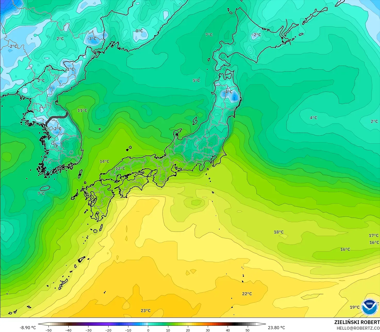 GFS model - Japonya, 2 m Çiy Noktası