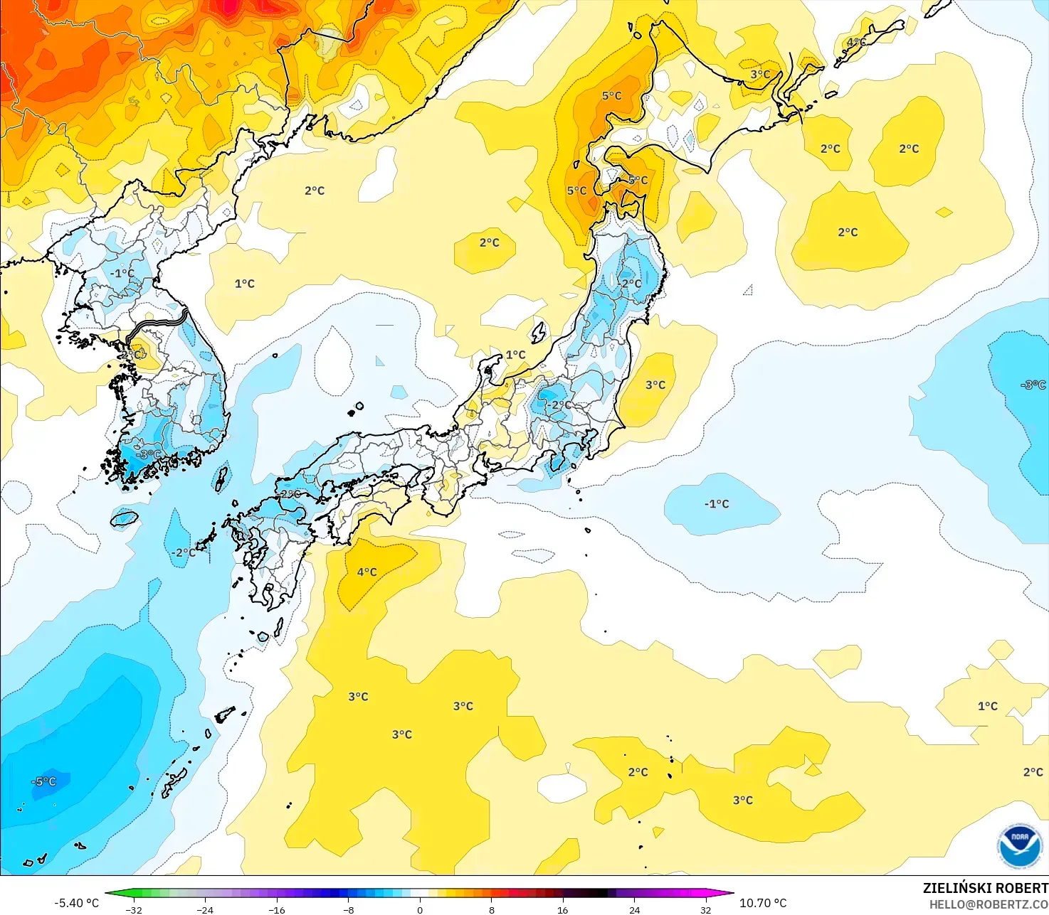 GFS model - Japonya, 2 m Sıcaklık Anomalisi