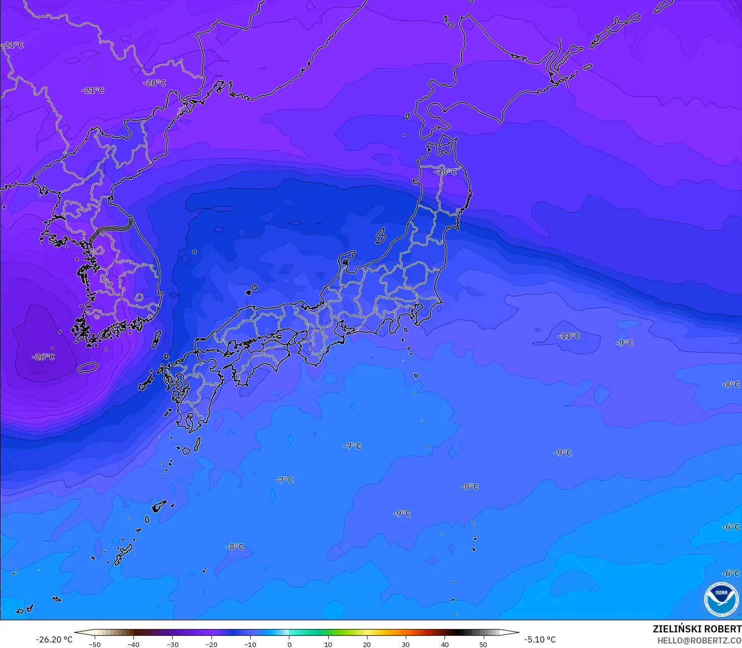 GFS model - Japonya, 500 hPa Sıcaklık