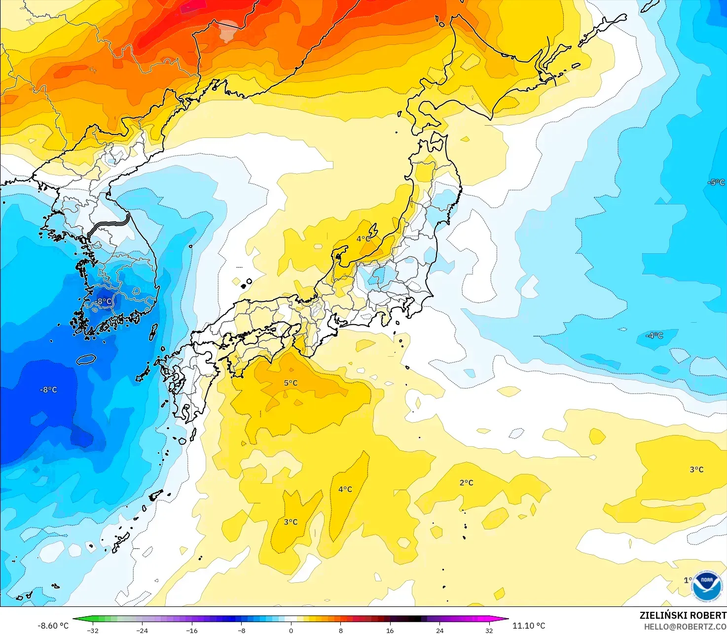 GFS model - Japonya, 850 hPa Sıcaklık Anomalisi