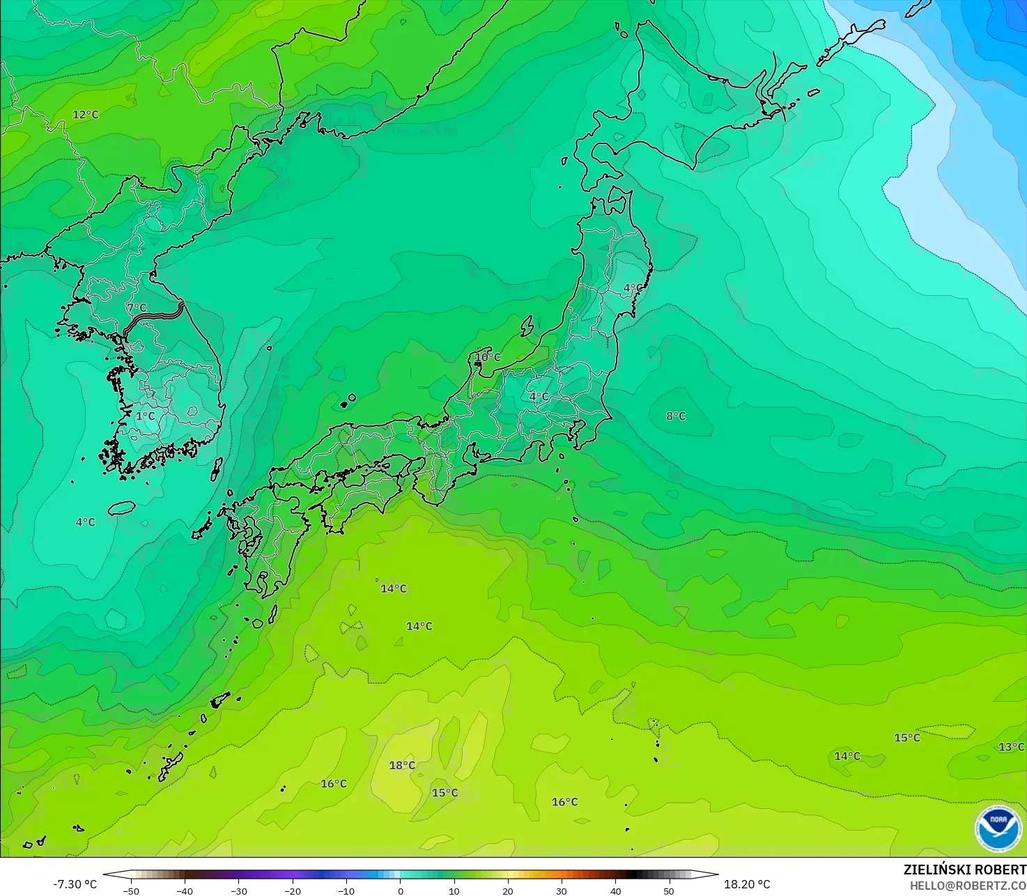 GFS model - Japonya, 850 hPa Sıcaklık