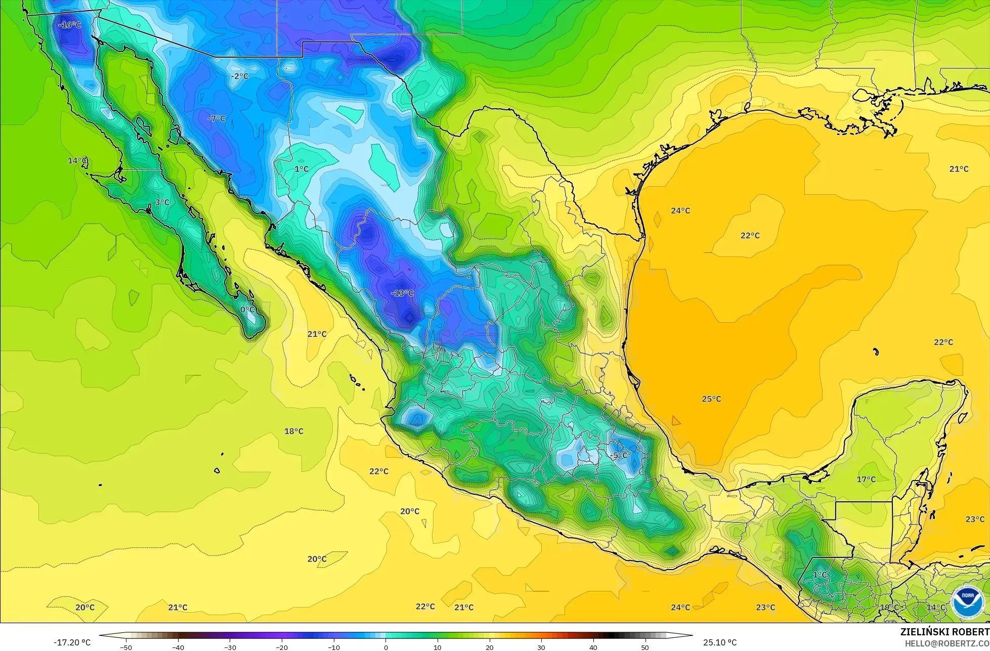 GFS model - Meksika, 2 m Çiy Noktası