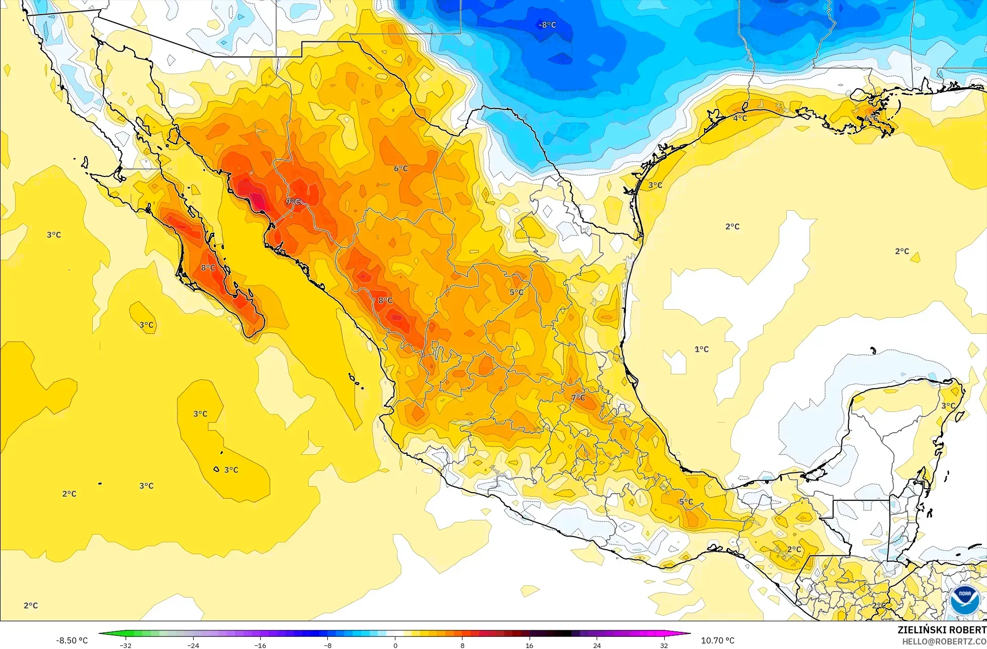 GFS model - Meksika, 2 m Sıcaklık Anomalisi