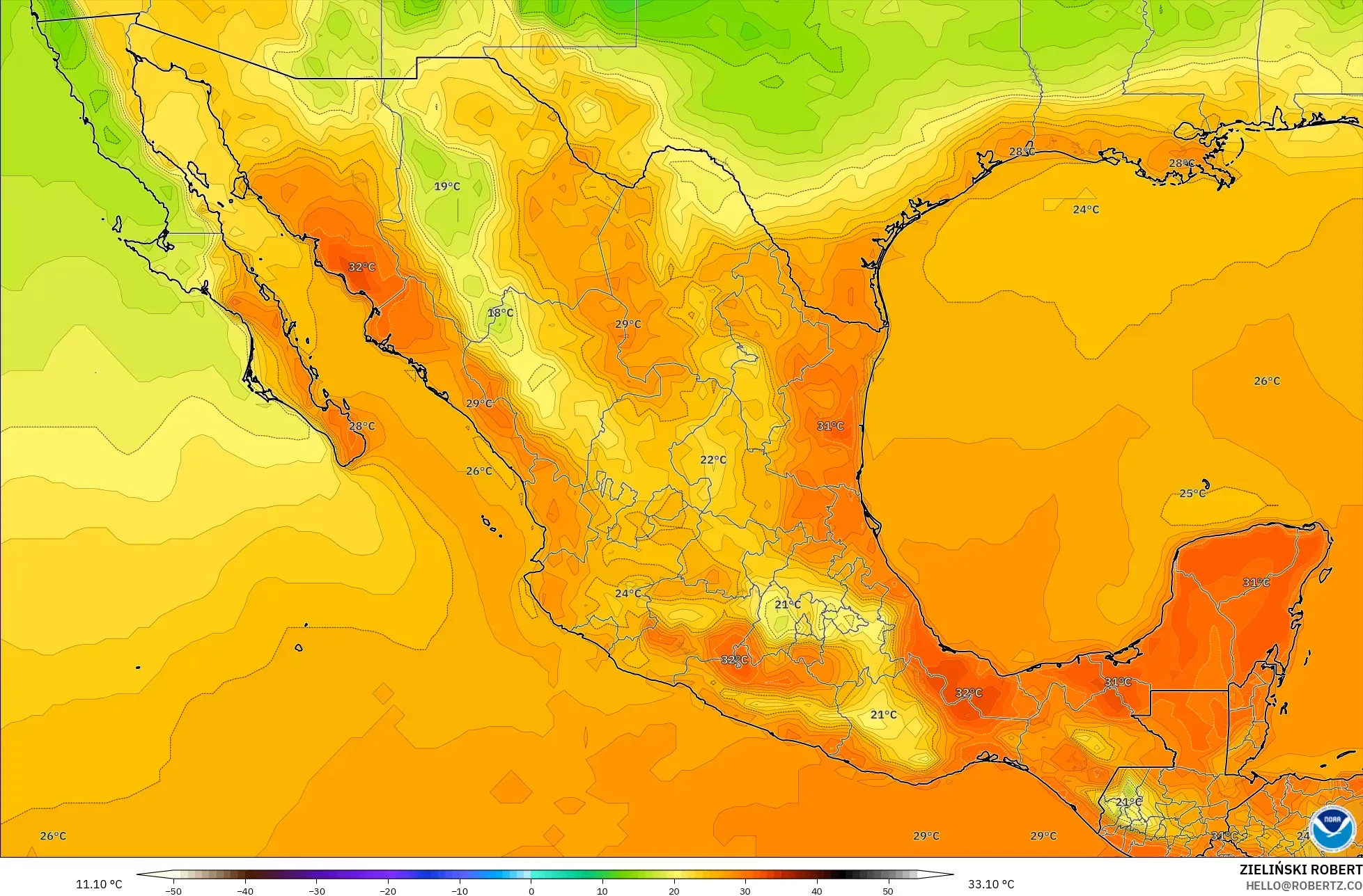 GFS model - Meksika, 2 m Sıcaklık
