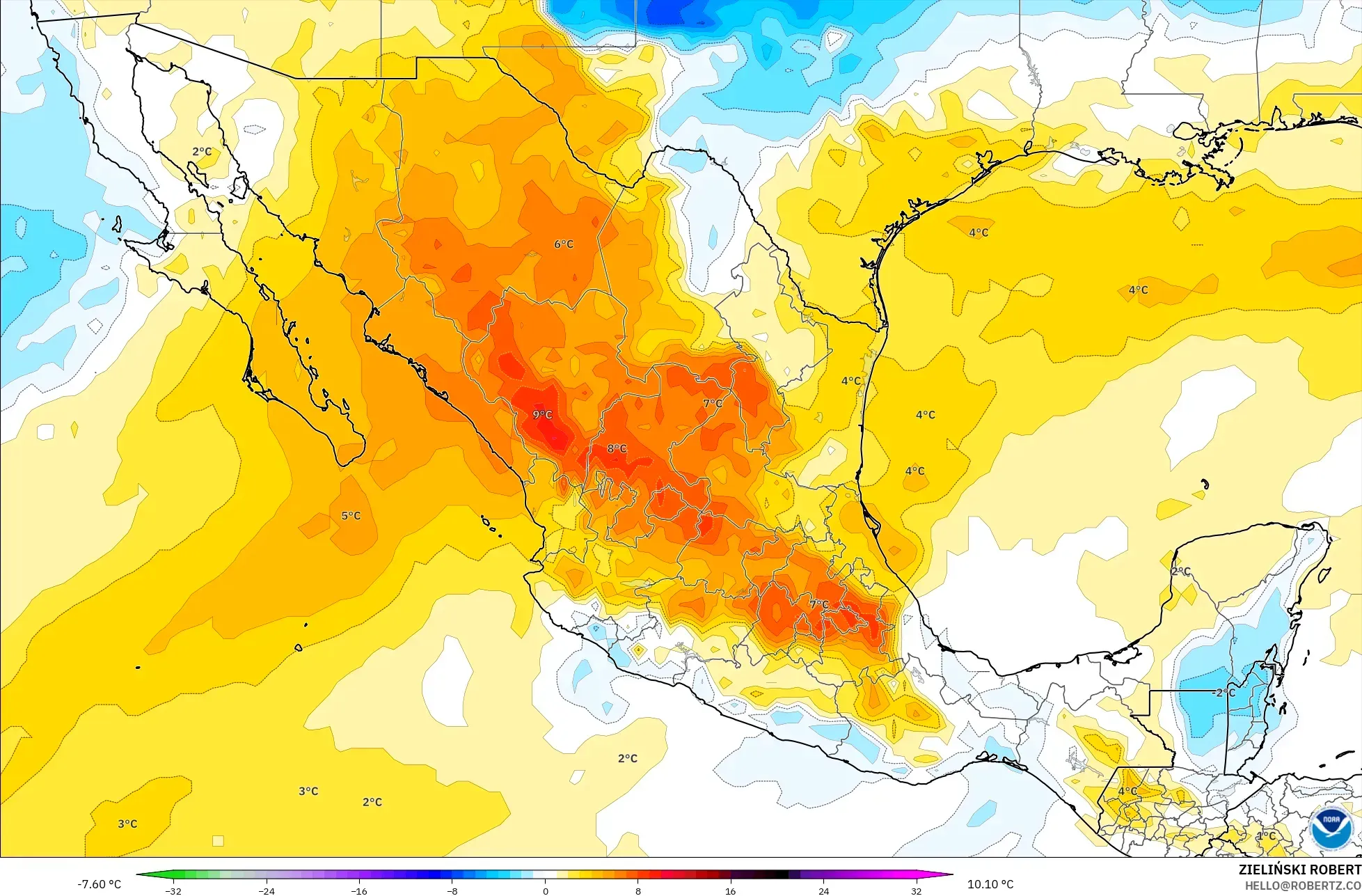 GFS model - Meksika, 850 hPa Sıcaklık Anomalisi