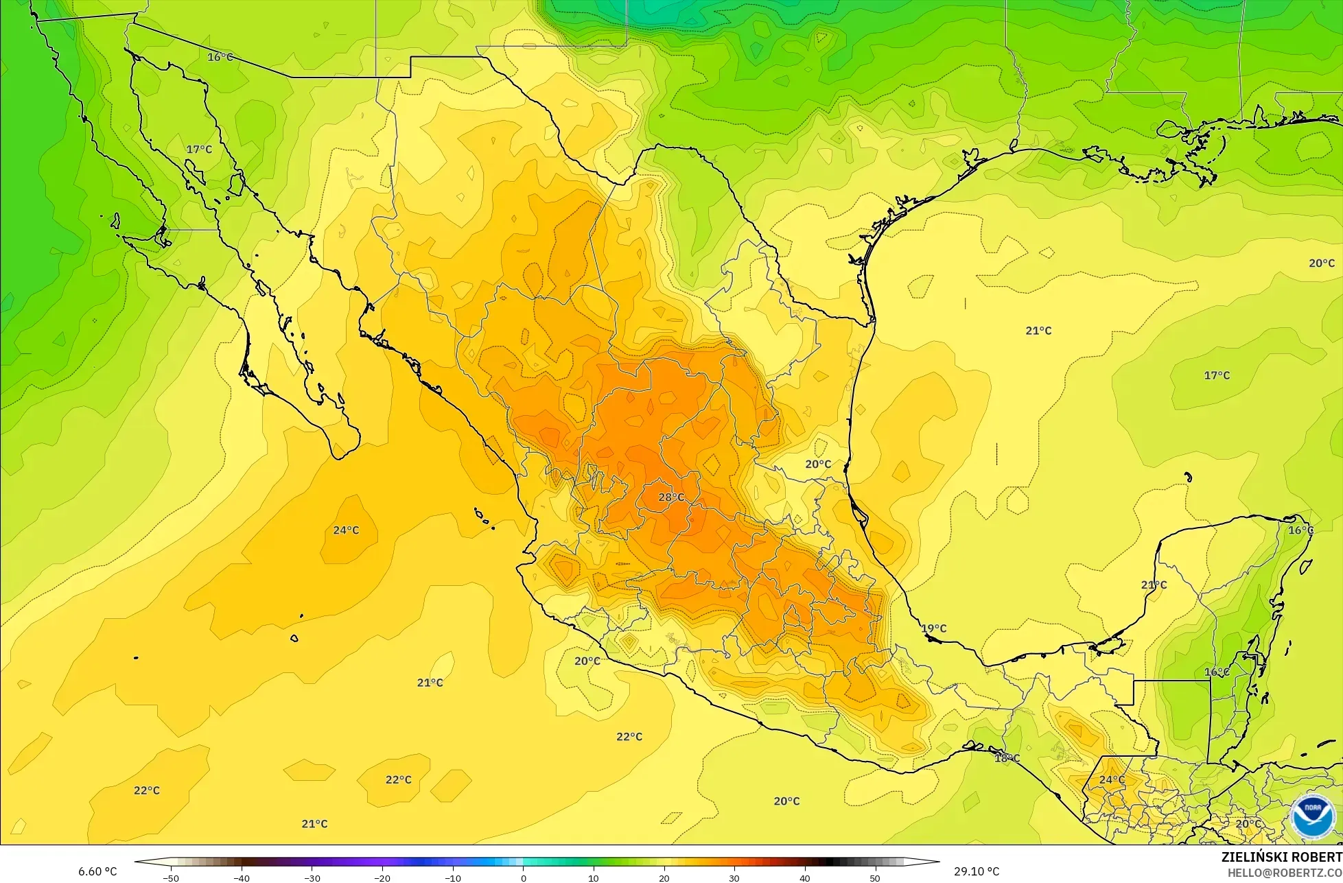 GFS model - Meksika, 850 hPa Sıcaklık