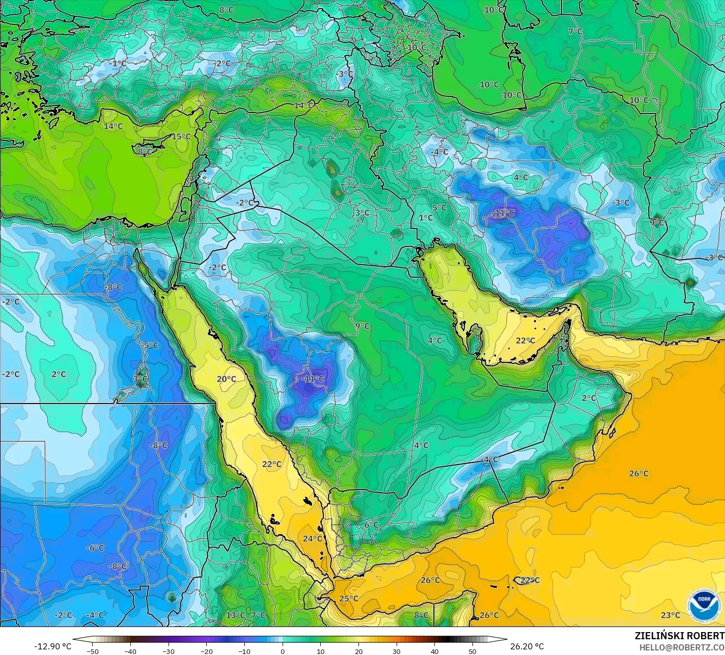 GFS model - Orta Doğu, 2 m Çiy Noktası
