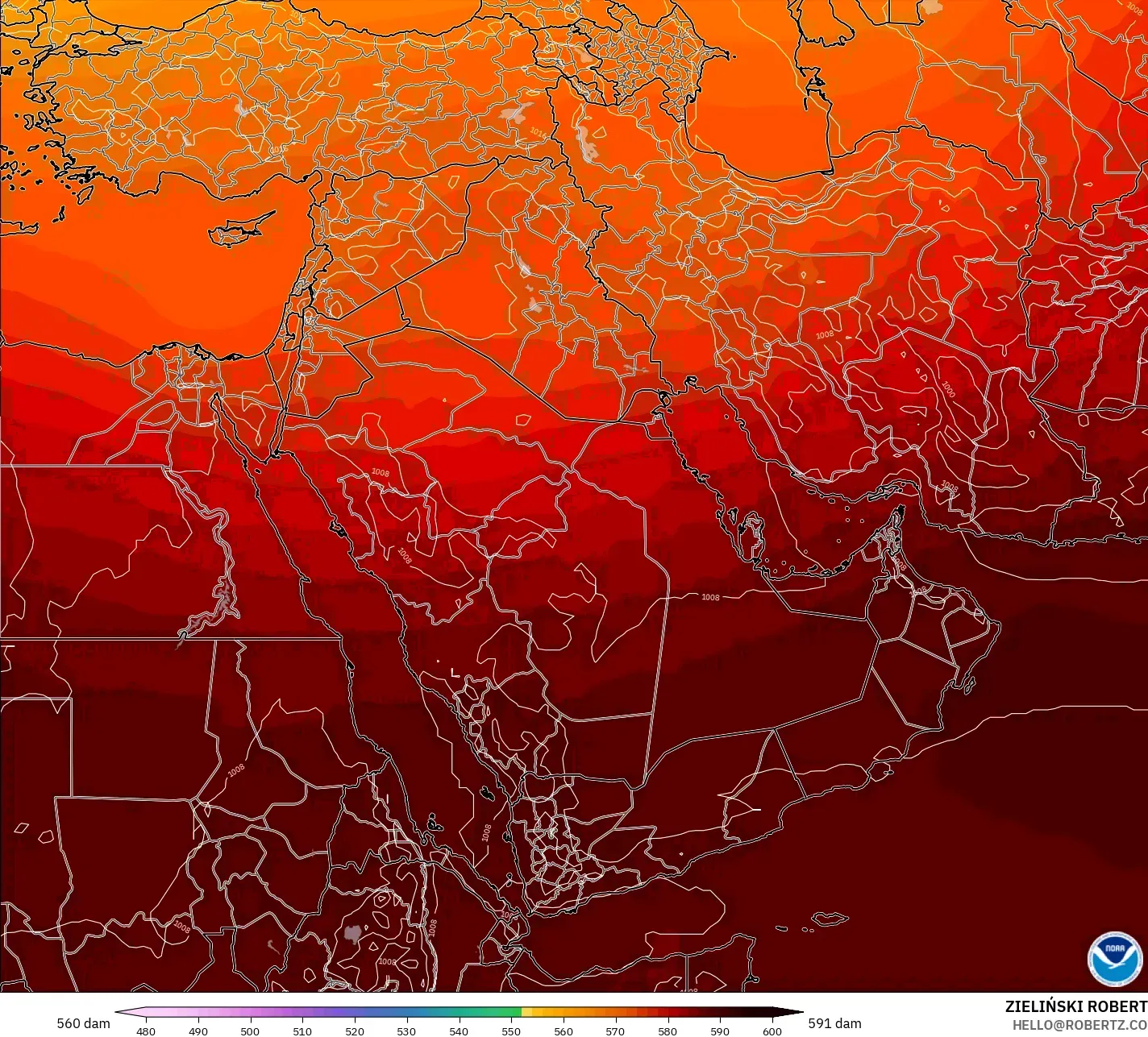 GFS model - Orta Doğu, 500 hPa’da jeopotansiyel yükseklik