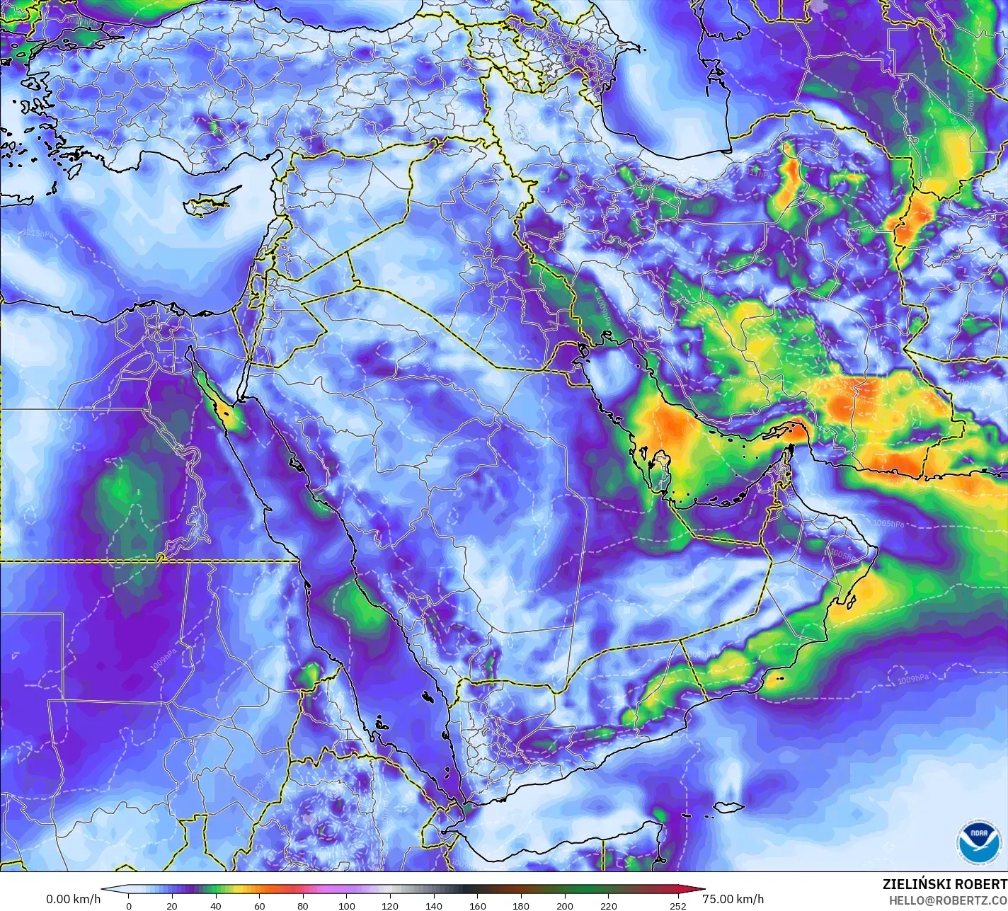 GFS model - Orta Doğu, En Yüksek Rüzgâr