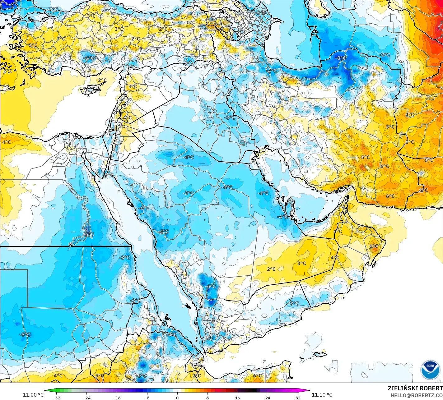 GFS model - Orta Doğu, 2 m Sıcaklık Anomalisi