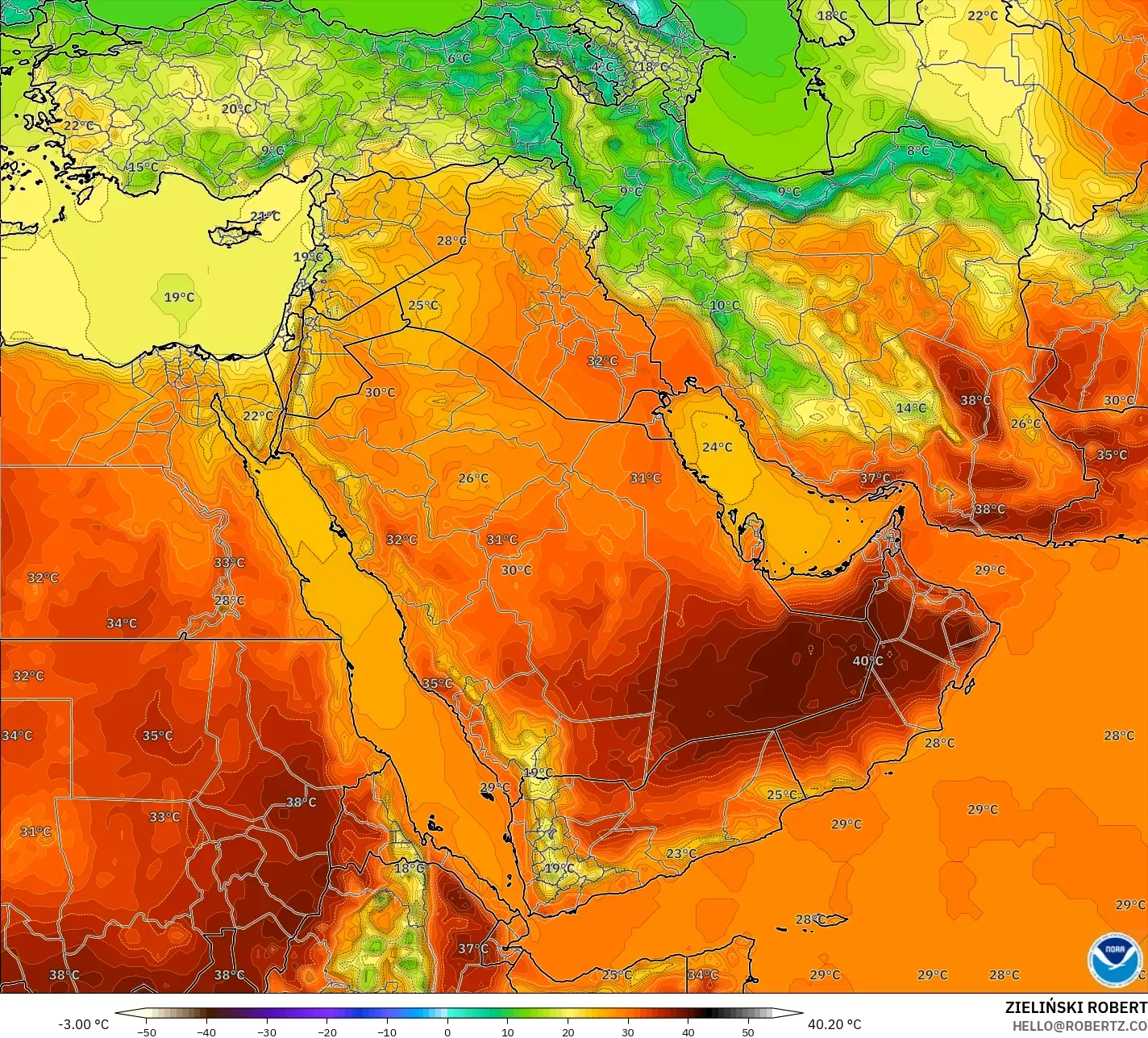 GFS model - Orta Doğu, 2 m Sıcaklık