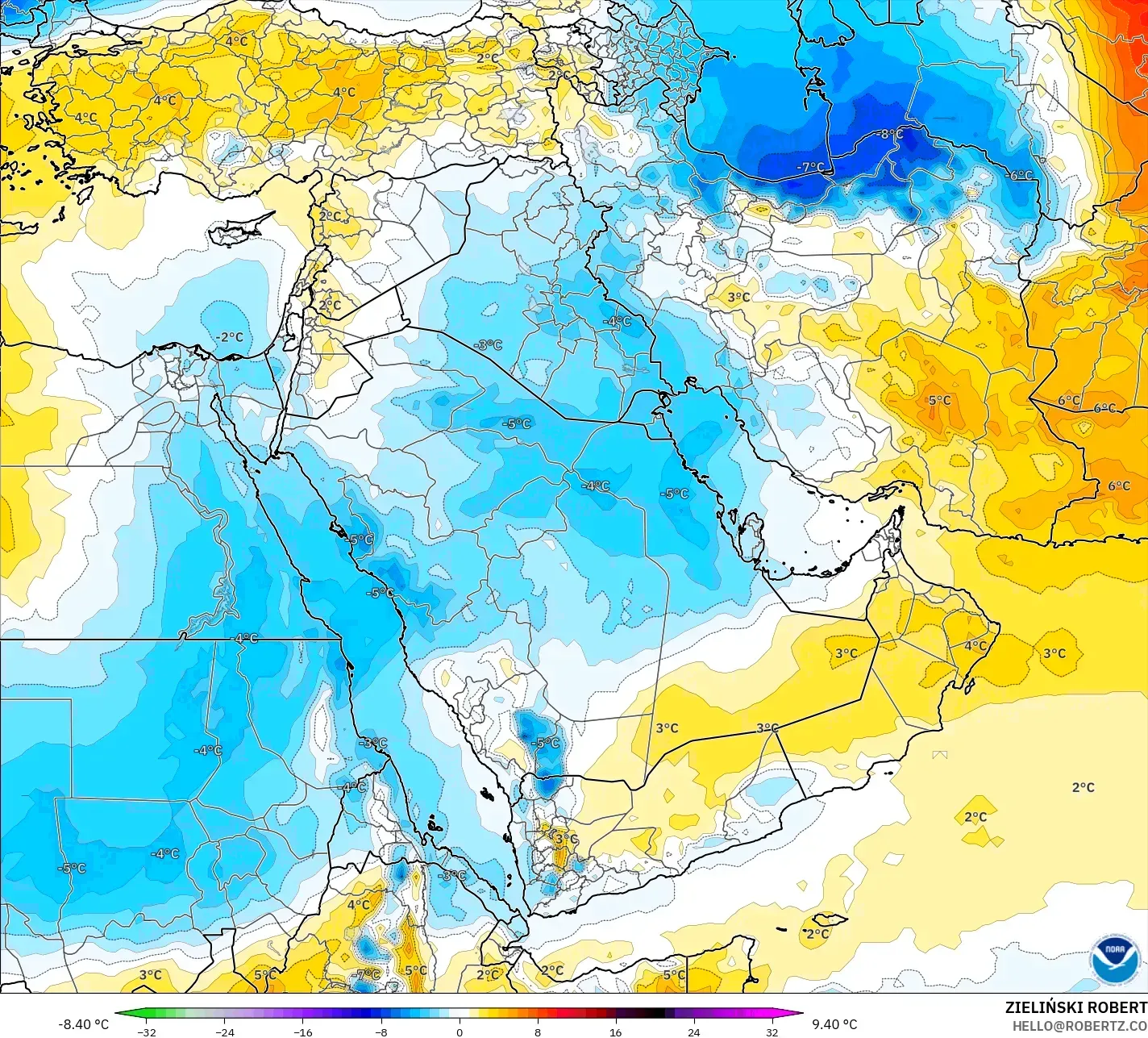GFS model - Orta Doğu, 850 hPa Sıcaklık Anomalisi