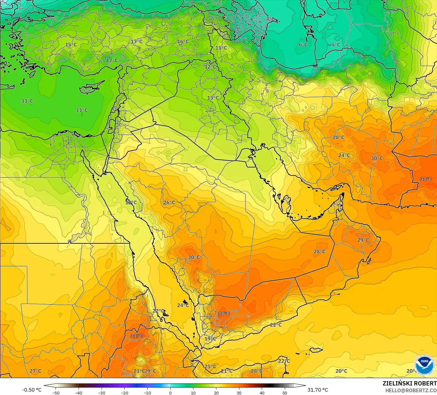 GFS model - Orta Doğu, 850 hPa Sıcaklık
