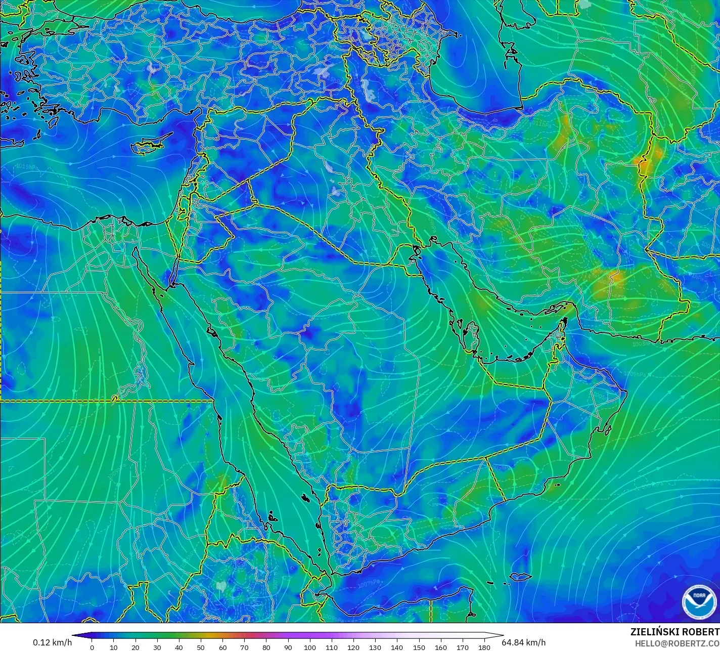 GFS model - Orta Doğu, 10 m Rüzgâr