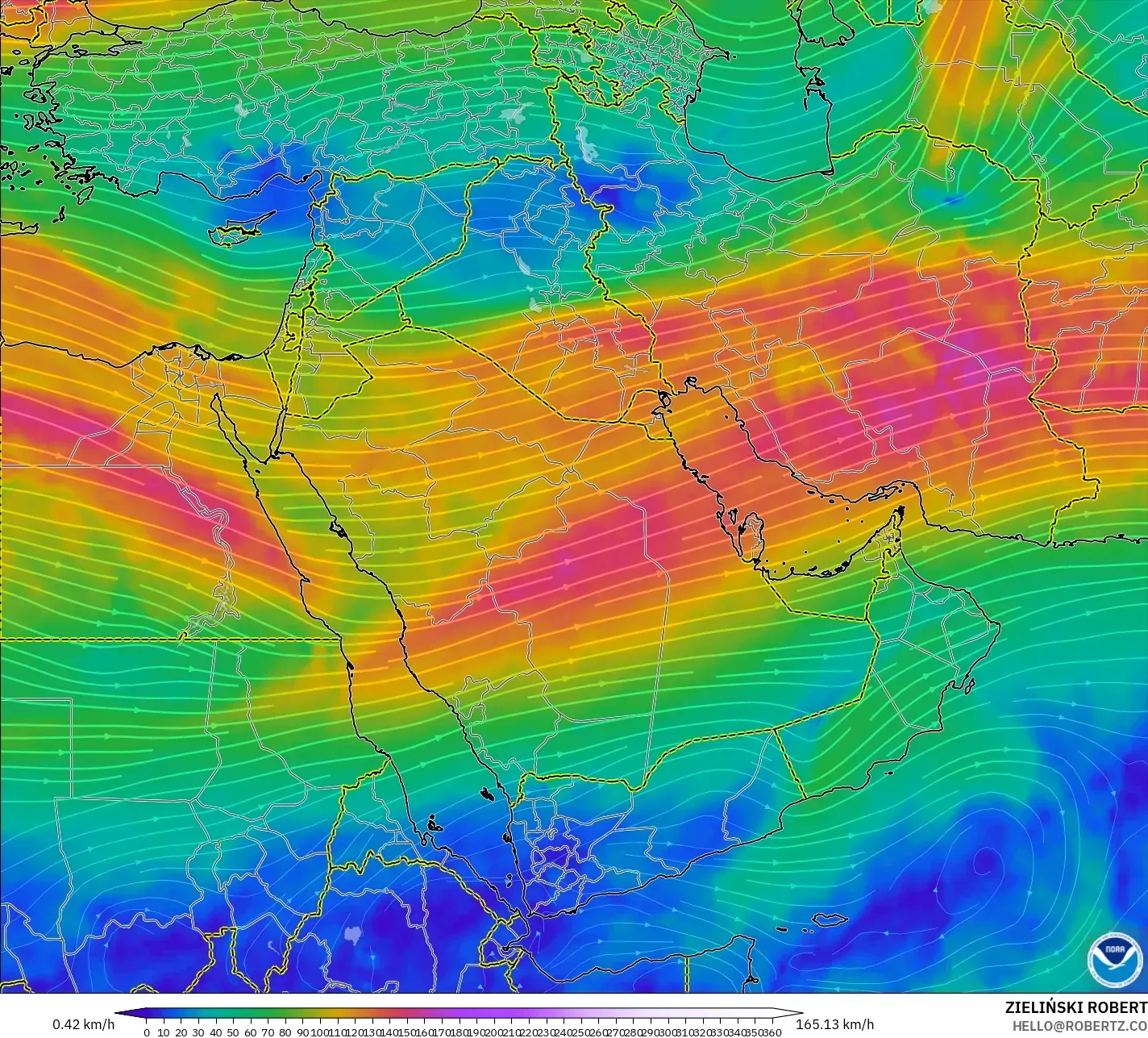 GFS model - Orta Doğu, 300 hPa Rüzgârı (jet)