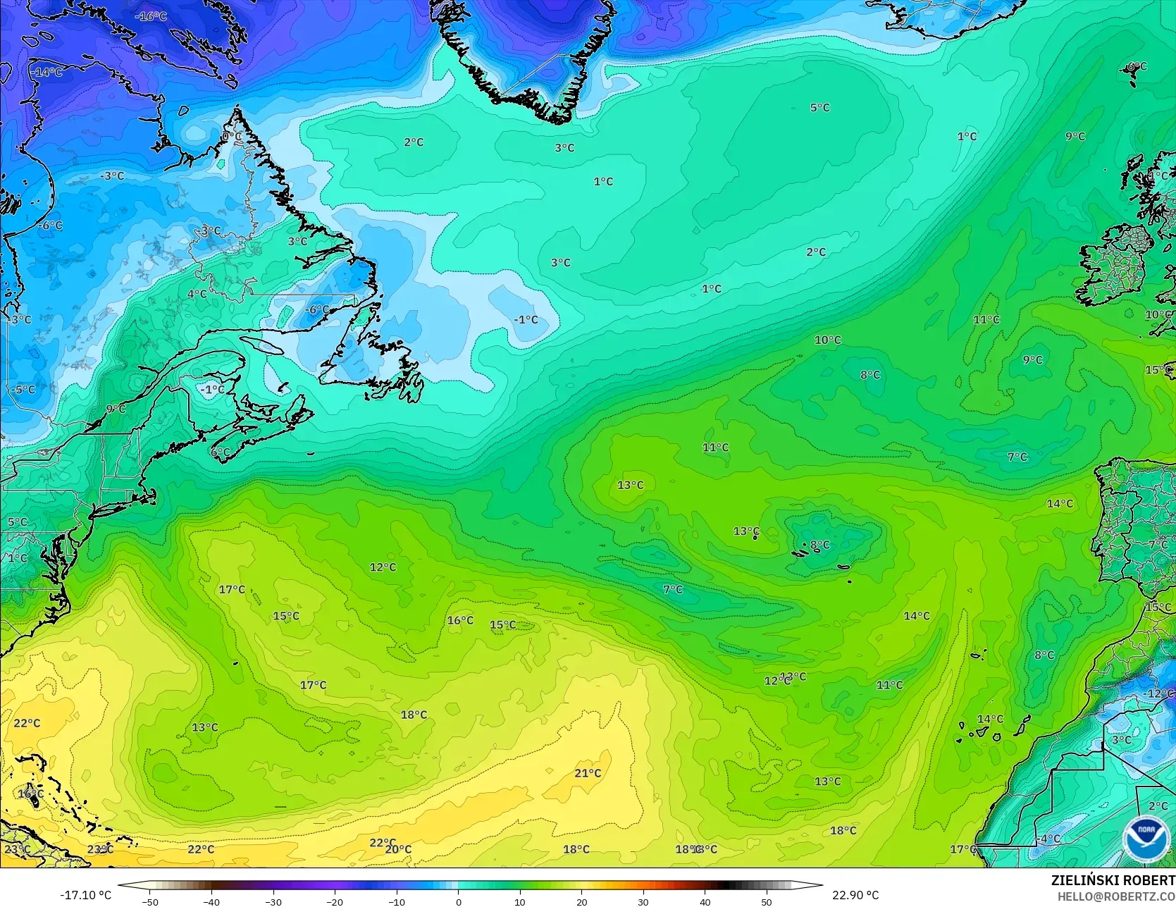 GFS model - Kuzey Atlantik, 2 m Çiy Noktası