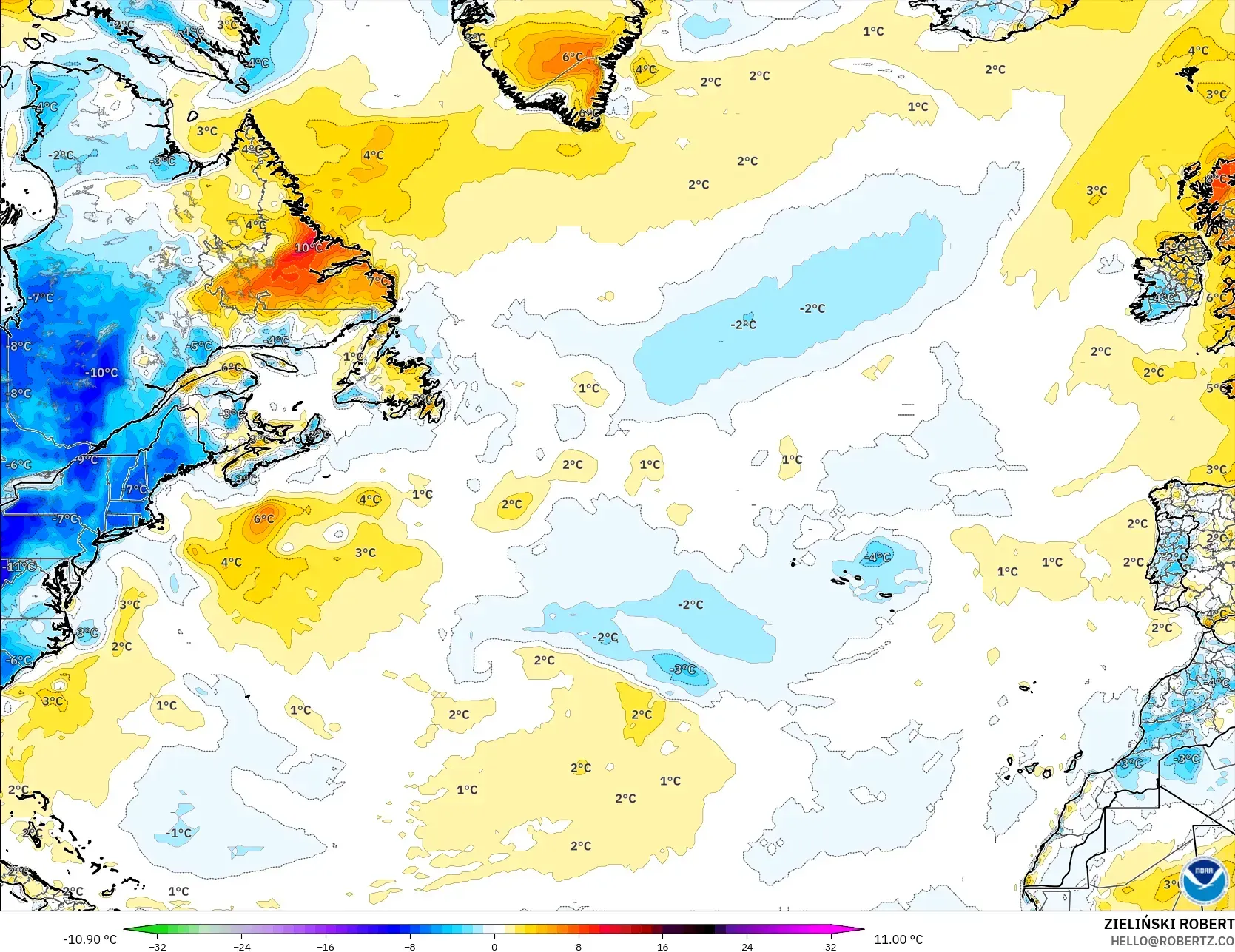 GFS model - Kuzey Atlantik, 2 m Sıcaklık Anomalisi