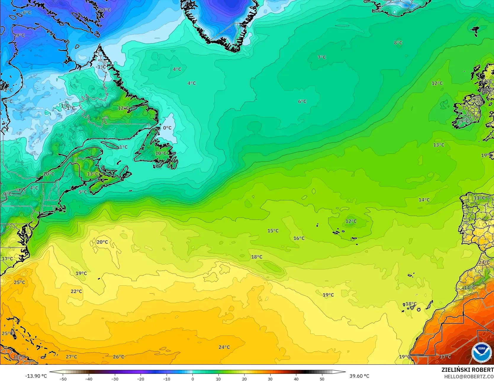 GFS model - Kuzey Atlantik, 2 m Sıcaklık