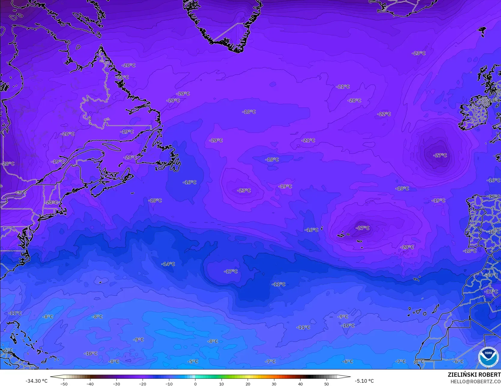 GFS model - Kuzey Atlantik, 500 hPa Sıcaklık