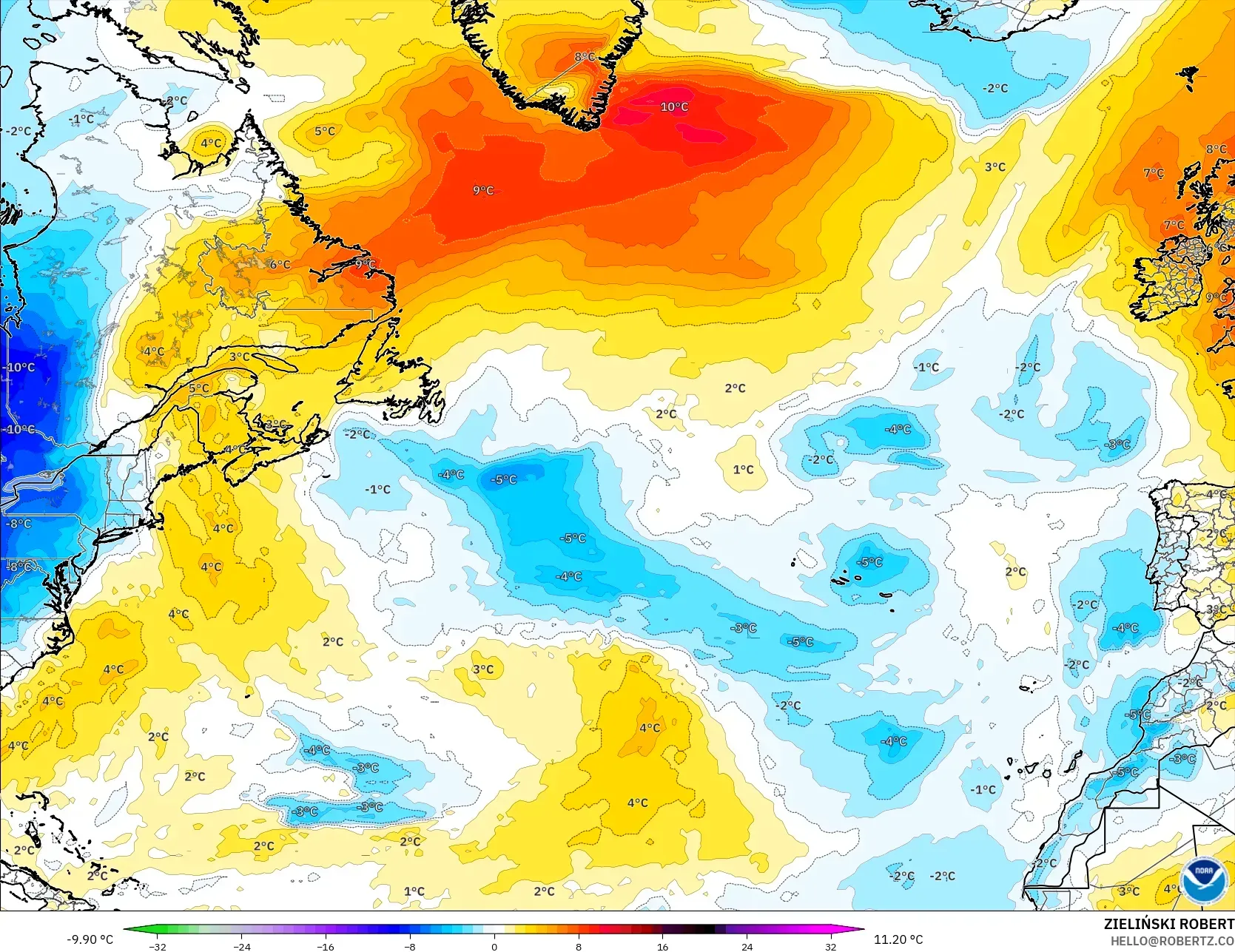 GFS model - Kuzey Atlantik, 850 hPa Sıcaklık Anomalisi