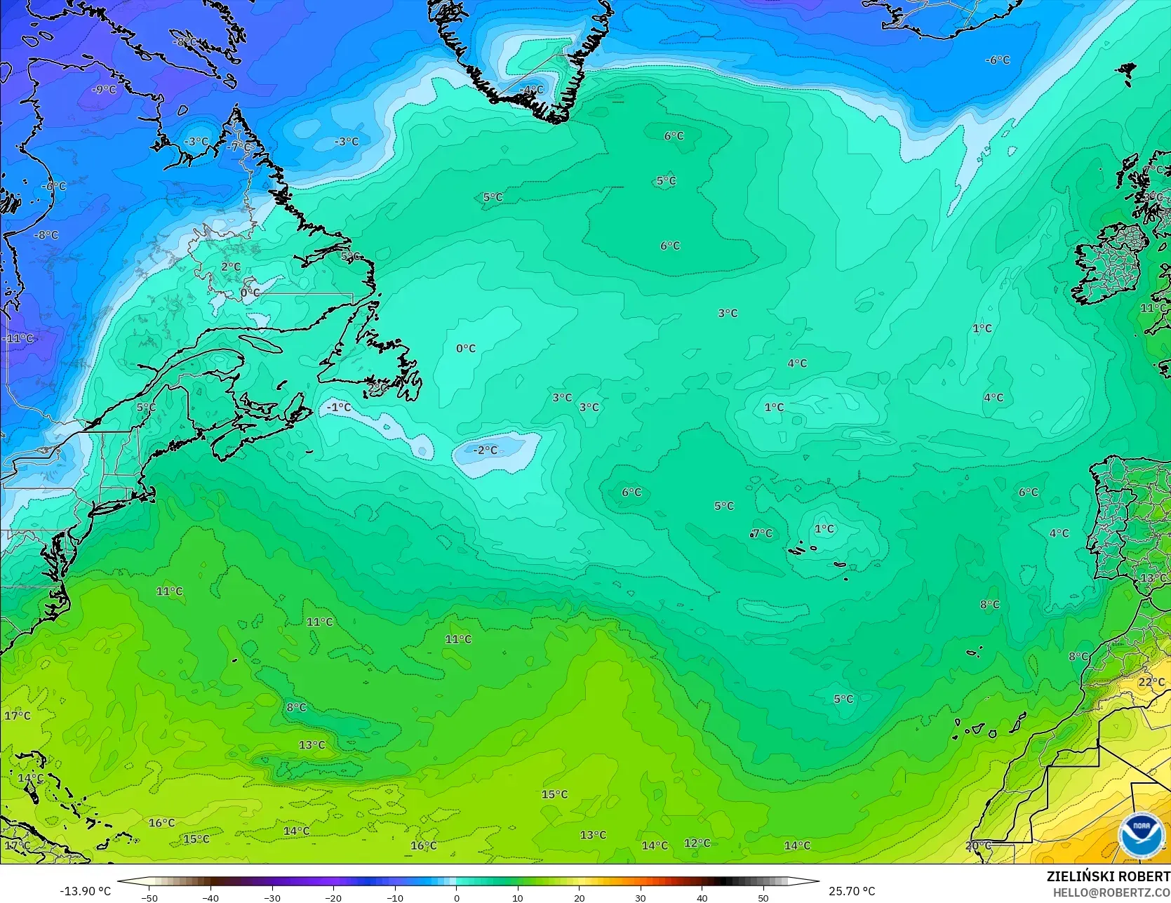 GFS model - Kuzey Atlantik, 850 hPa Sıcaklık